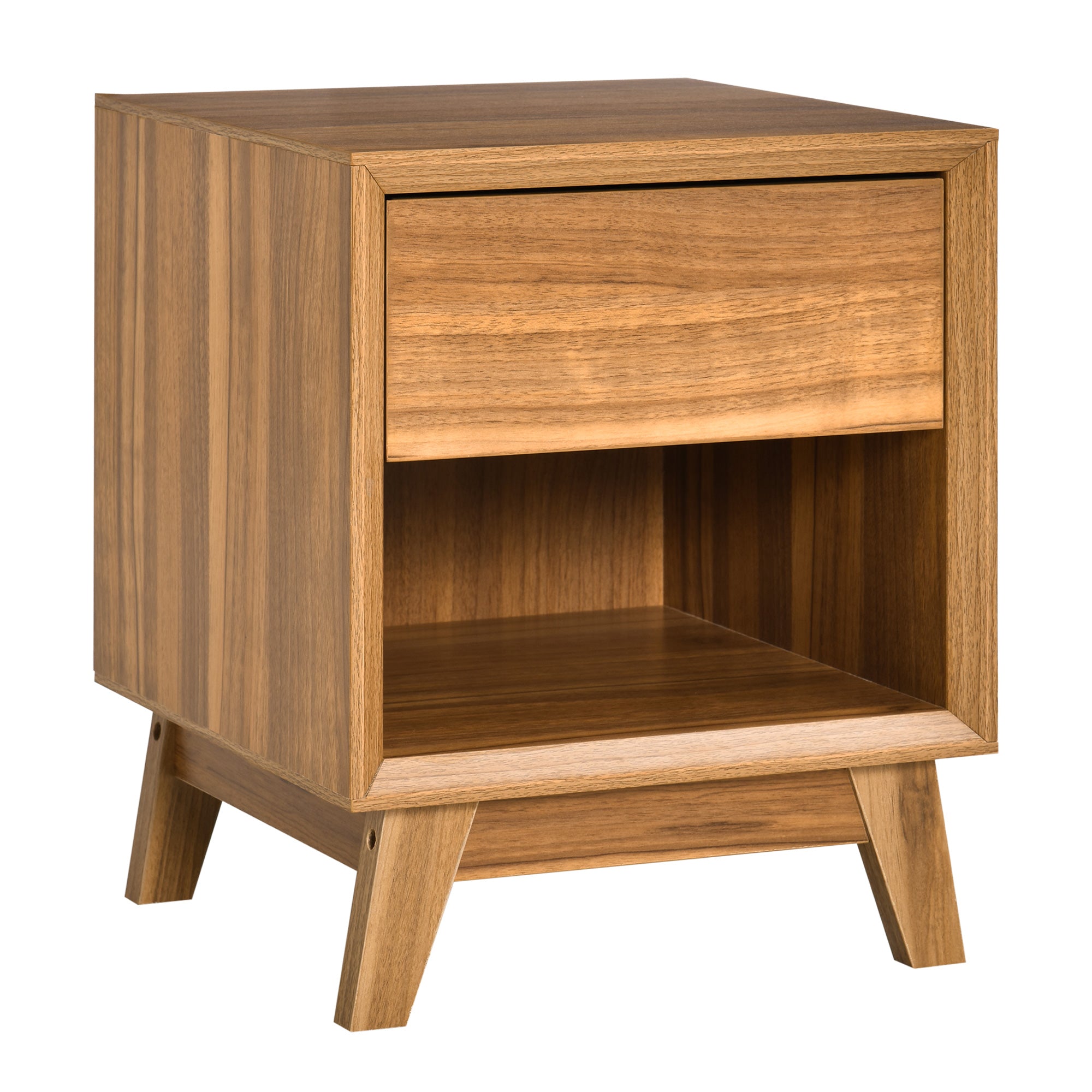 Modern Bedside Table Nightstand with Drawer and Shelf, Walnut Brown