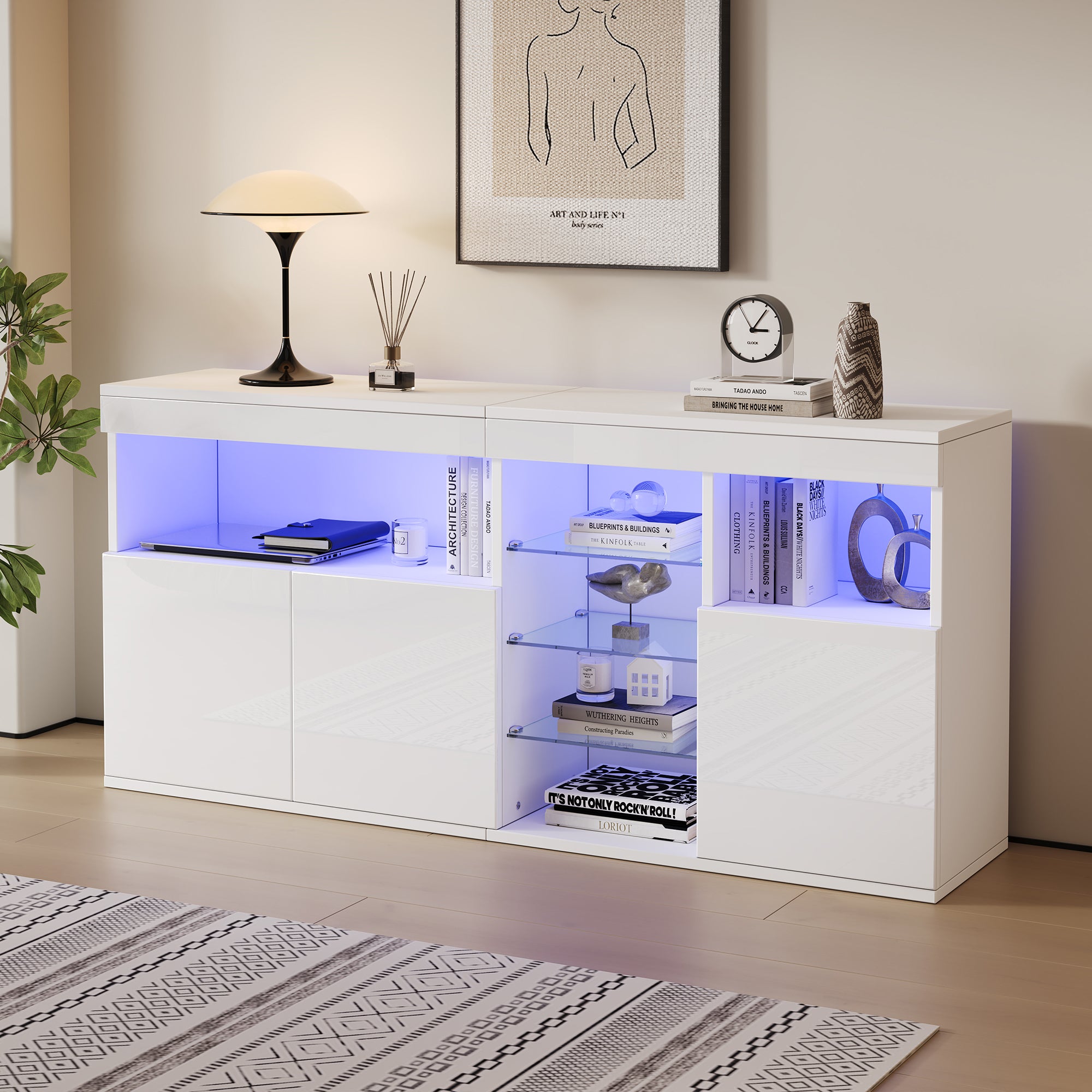 Living Room Cabinet Sideboard 155.5x35x72cm High-Gloss LED 3 Doors White