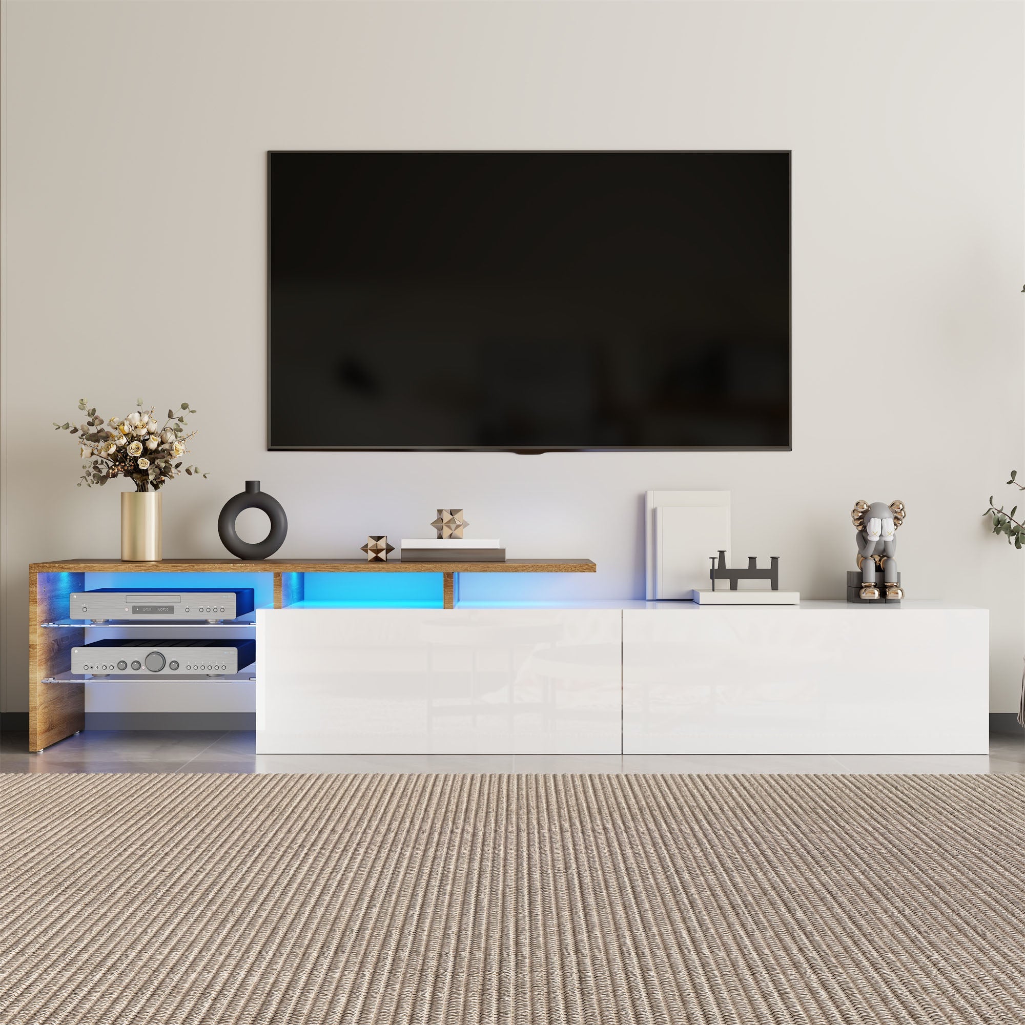 Modern TV Cabinet: Stylish, Elegant, High-Gloss White, Wood Look with Glass Shelves & LED Lighting