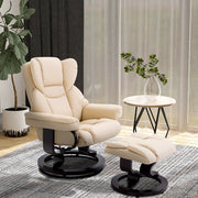 360° Swivel Recliner Chair with Footstool, PU Leather Manual Reclining Armchair, Cream