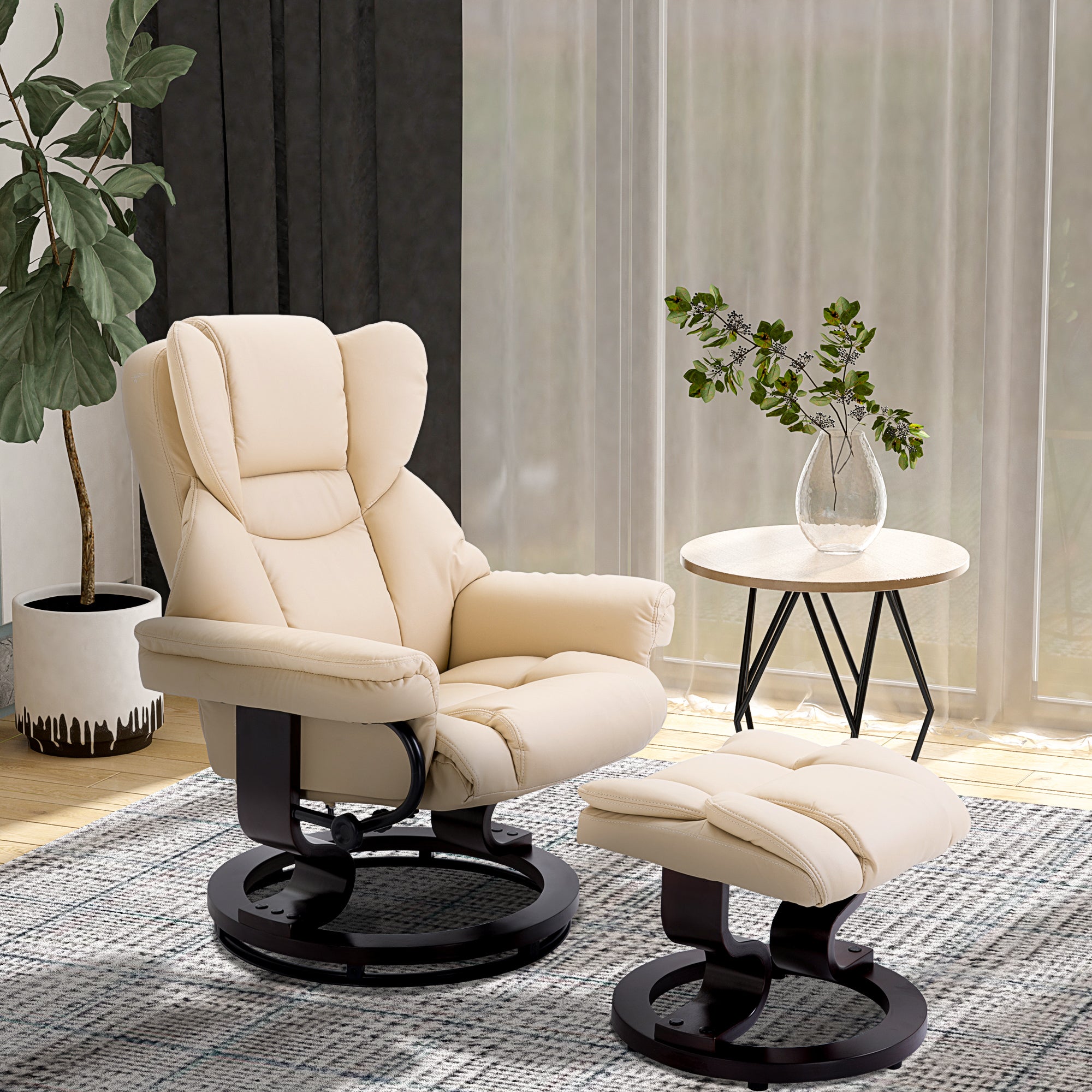 360° Swivel Recliner Chair with Footstool, PU Leather Manual Reclining Armchair, Cream