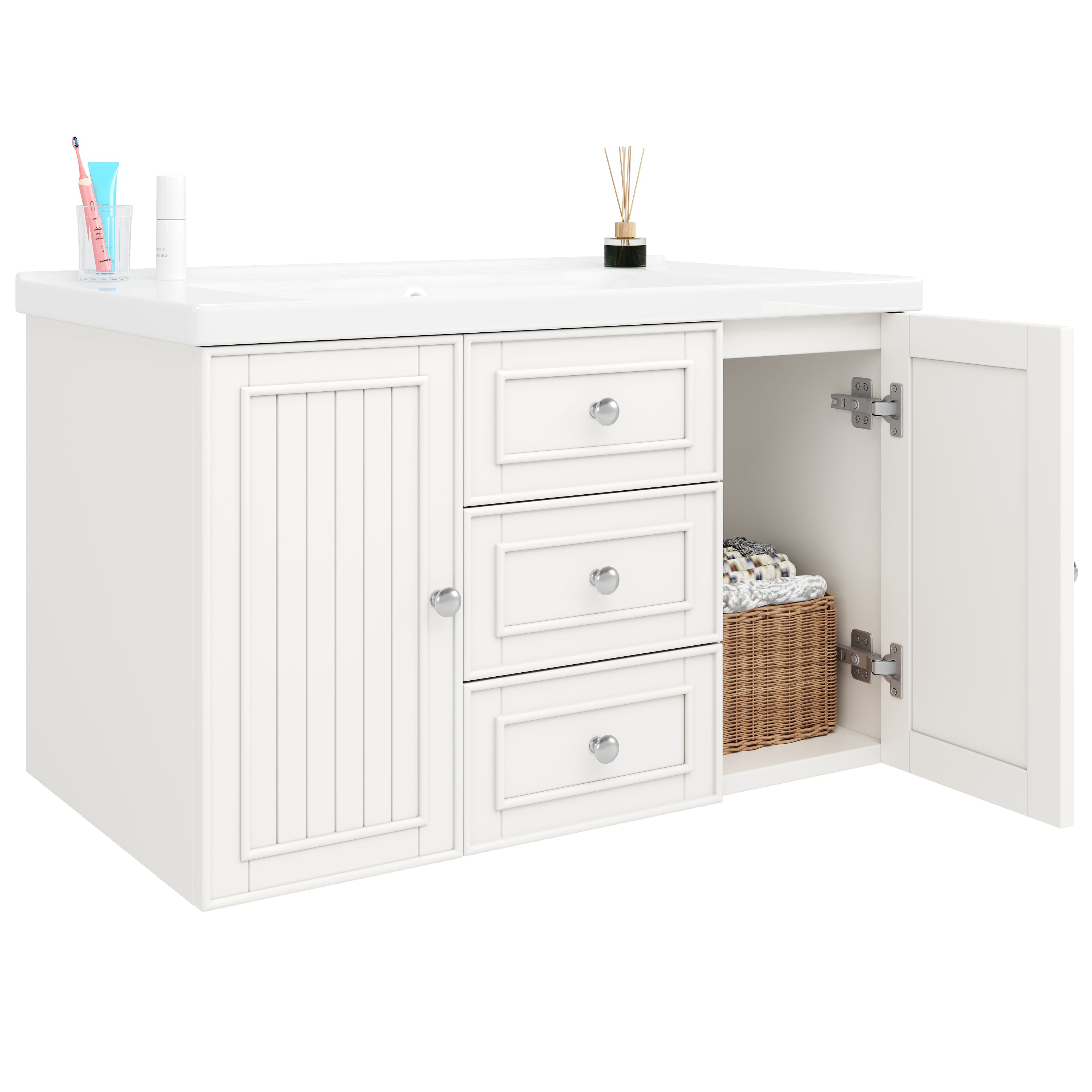 Wall-Mounted Vanity Unit 78.5cm With Sink 3 Drawers - White