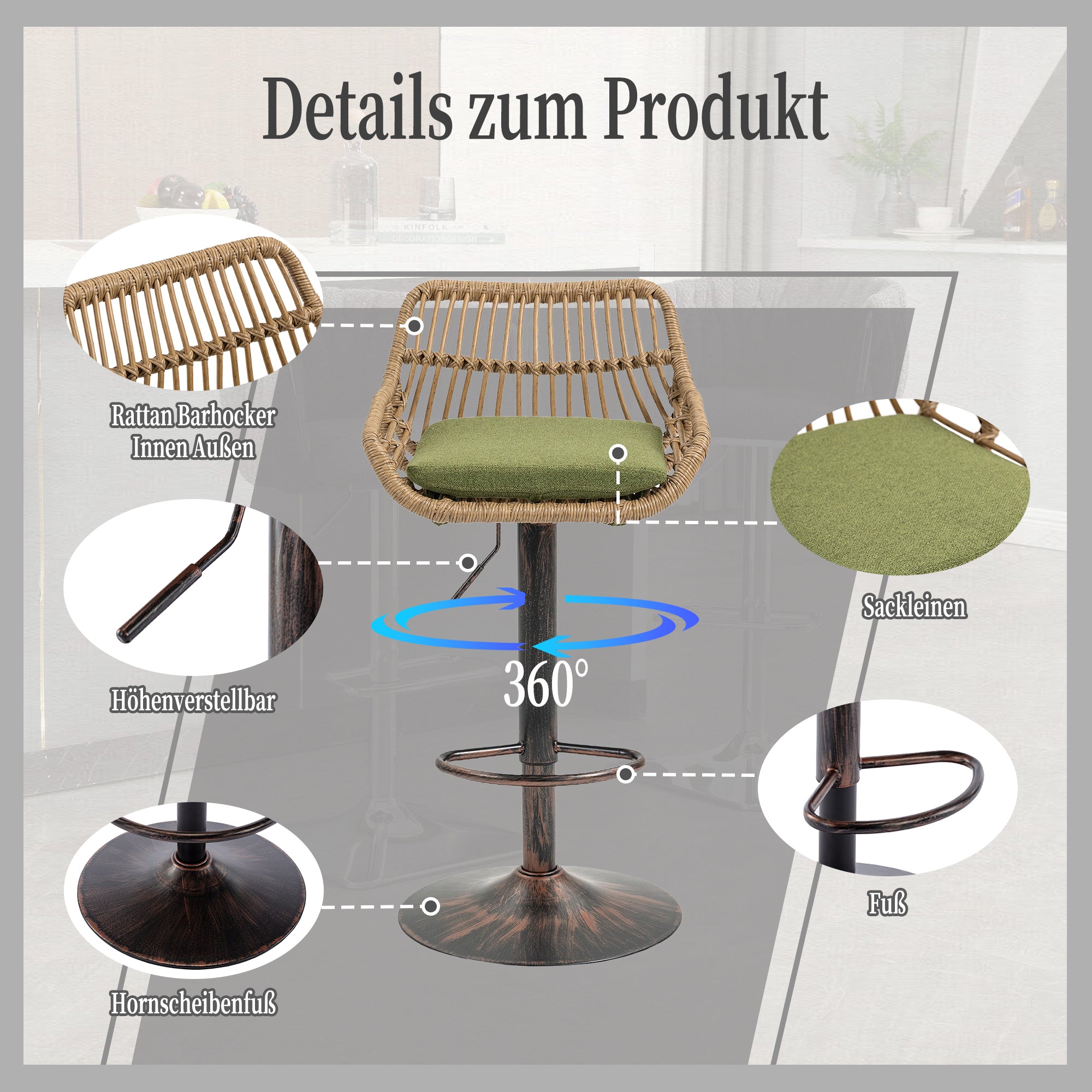 Modern Bar Stool Set of 2 Adjustable Chairs with Footrest, Green