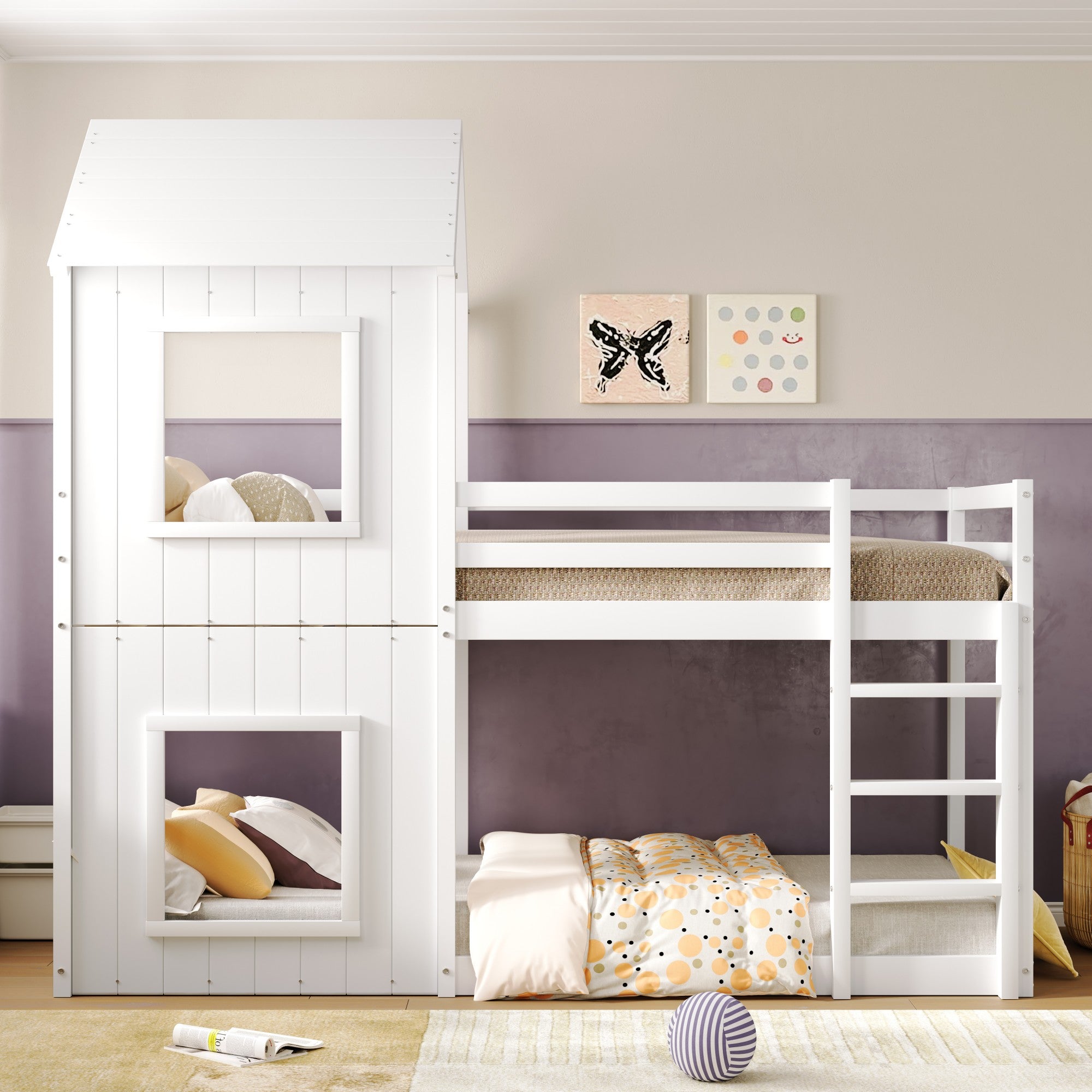 Bunk Bed Children's House Bed 90*200cm with Ladder & Canopy, Solid Wood White