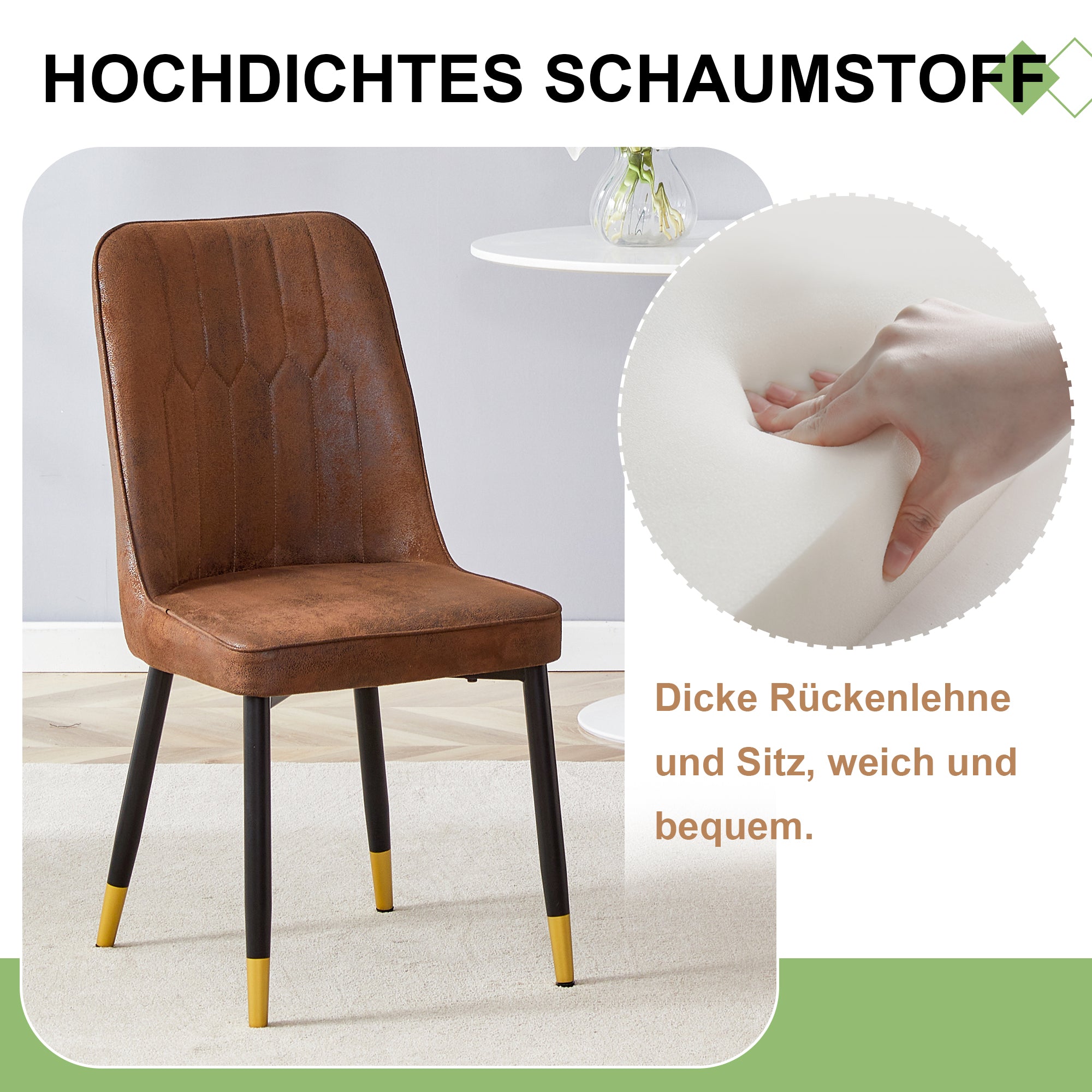 Set of 2 Dining Chairs, Modern with Black Metal Legs, Brown Tech Fabric