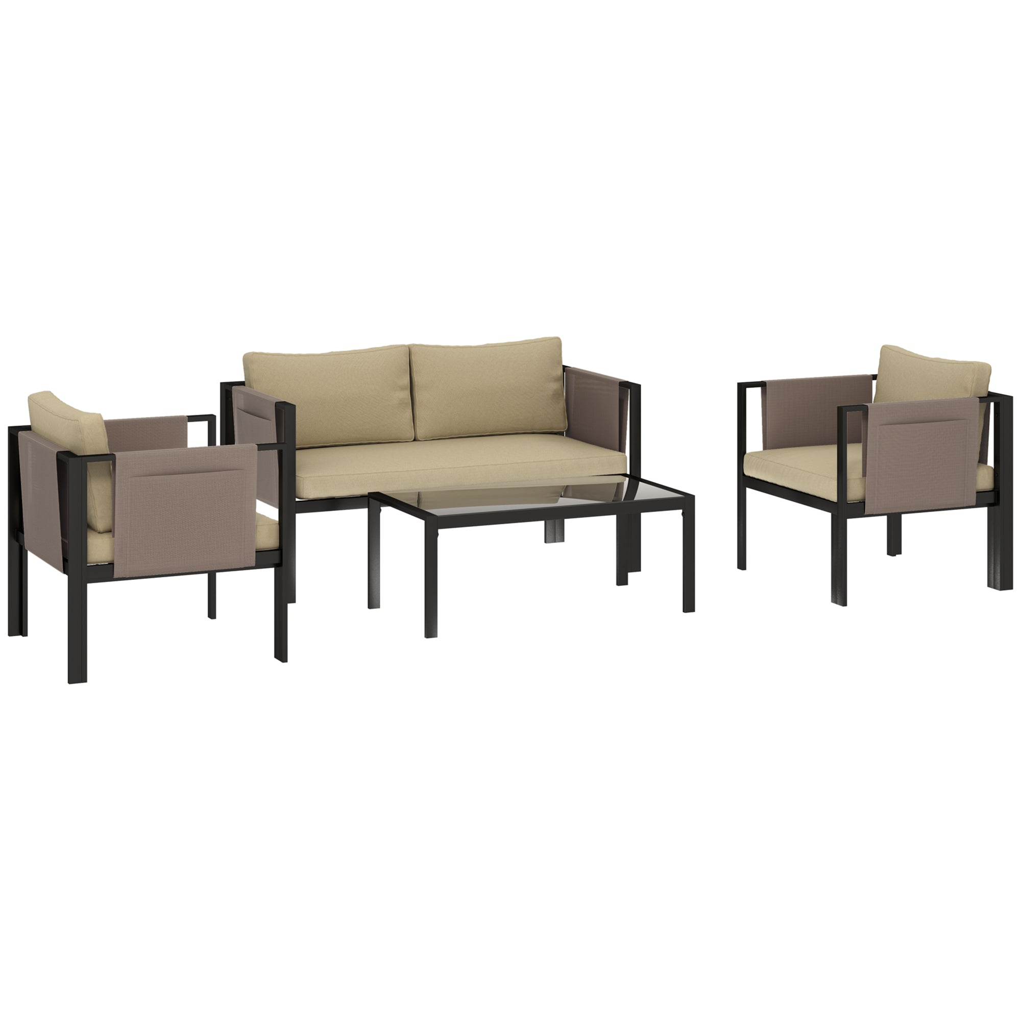 4 Piece Garden Furniture Set with Tempered Glass Coffee Table, Loveseat, Armchairs, Padded Cushions, Khaki Metal