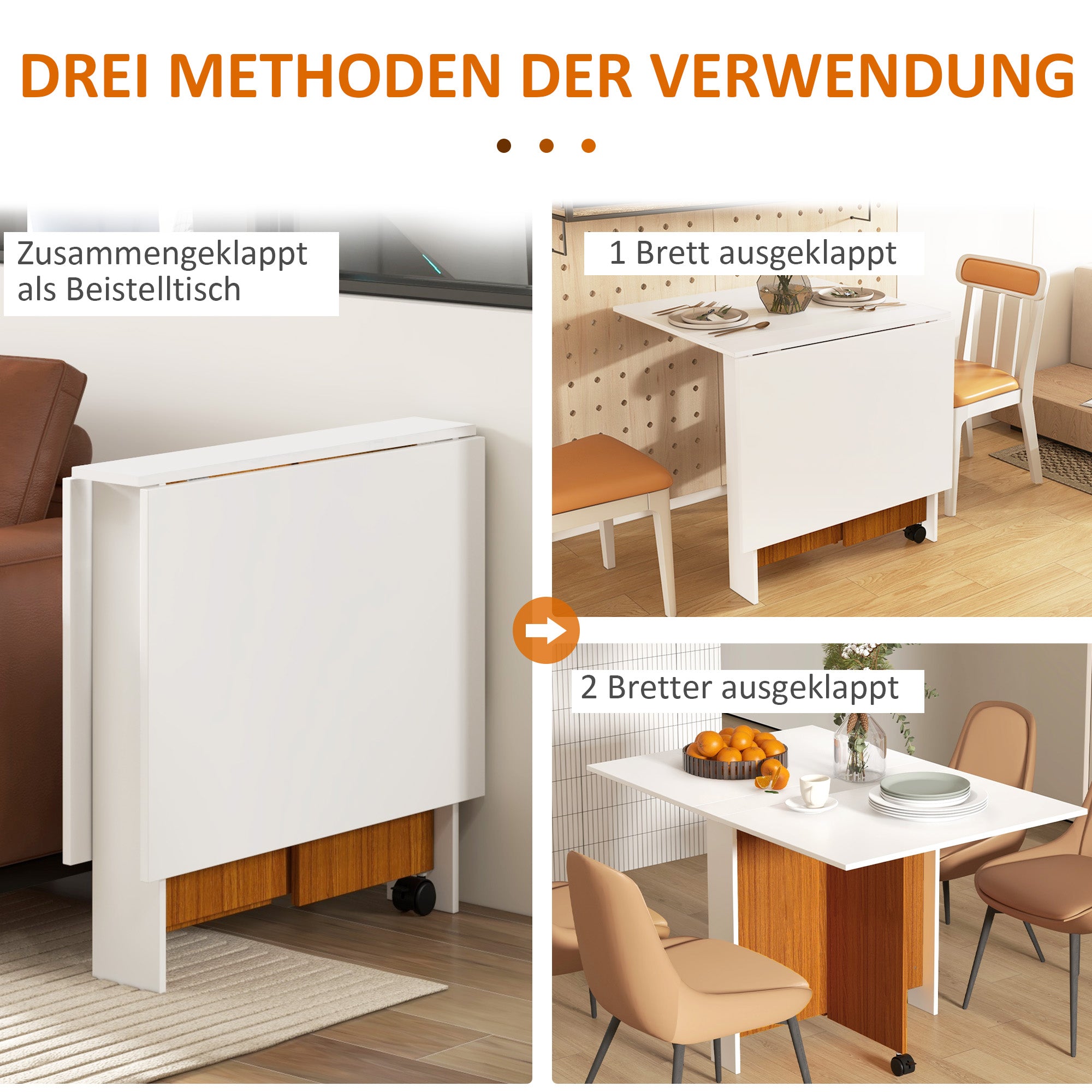 Folding table mobile dining table with folding worktop and castors in white