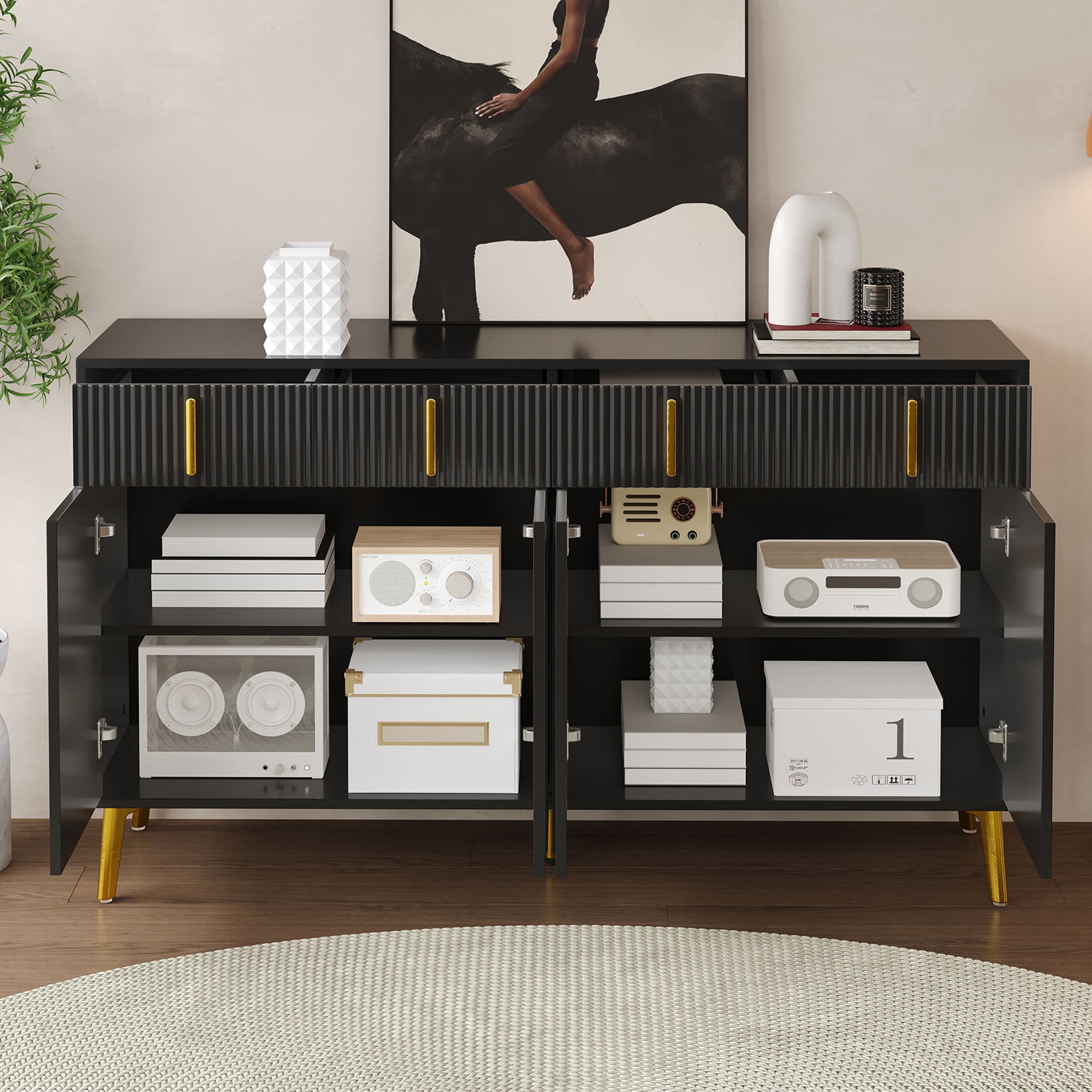 Sideboard, 4 Doors 4 Drawers, Gold Accents