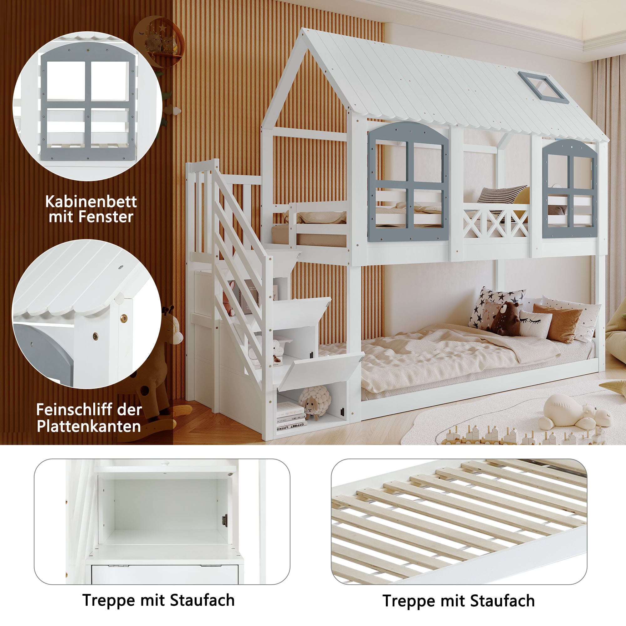 Bunk Bed with Roof & Window, Safety Gate & 3 Stair Lockers, 90x200cm Pine+MDF White+Grey