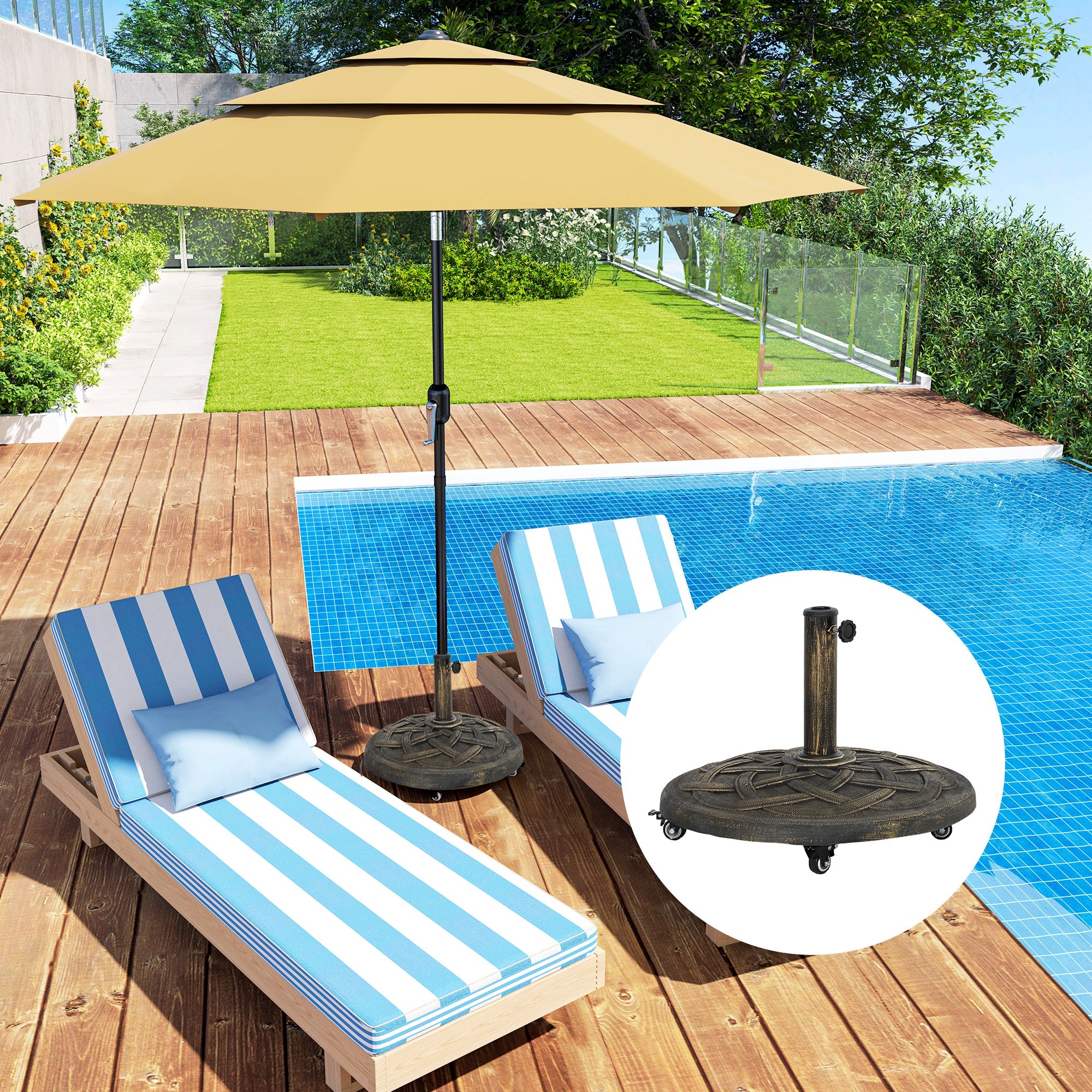 Parasol Base with Wheels, Round Holder for 34/38/48mm Poles, Concrete Bronze