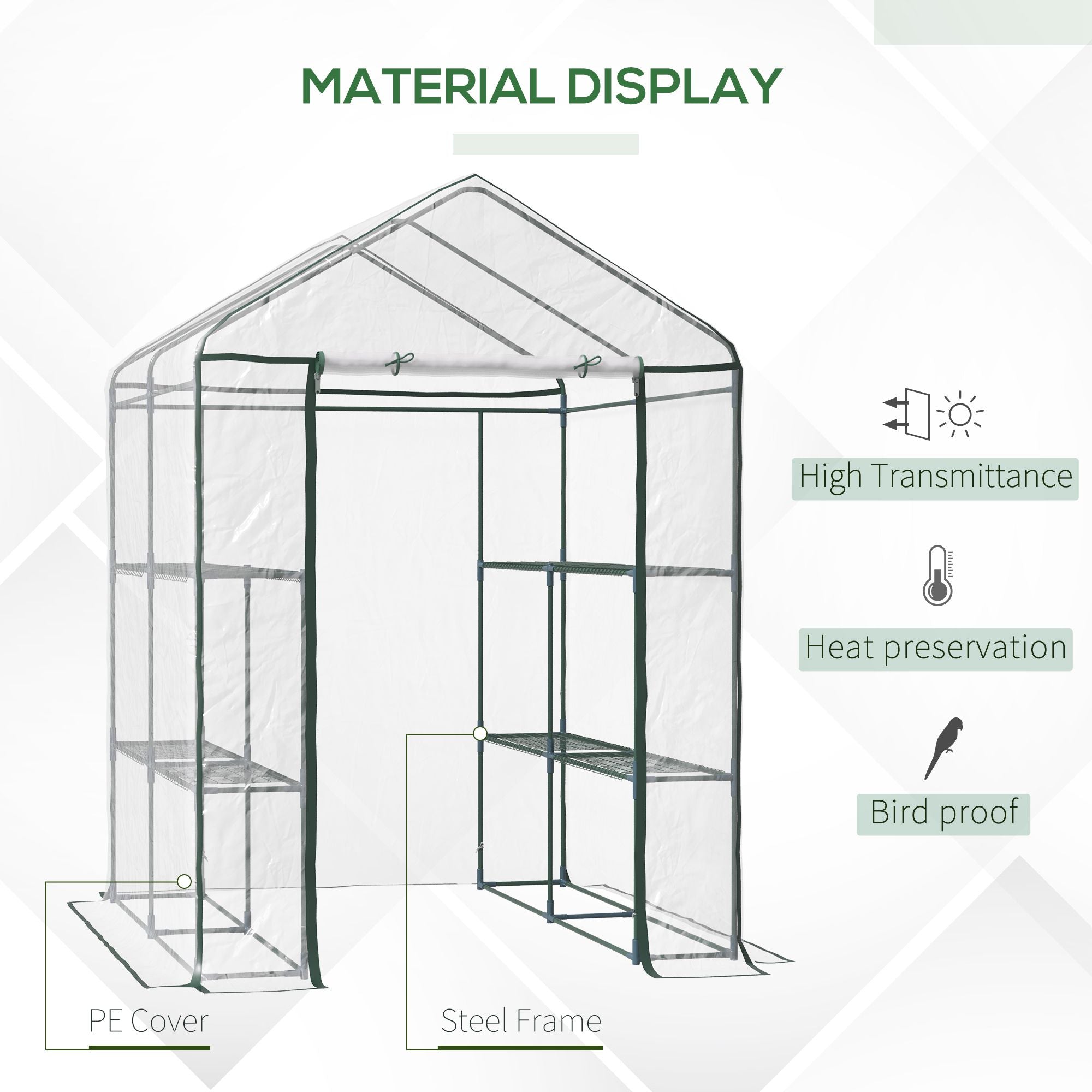 Walk in Greenhouse, 3-Tier 8 Shelves Roll-up Zipped Door, Steel Frame