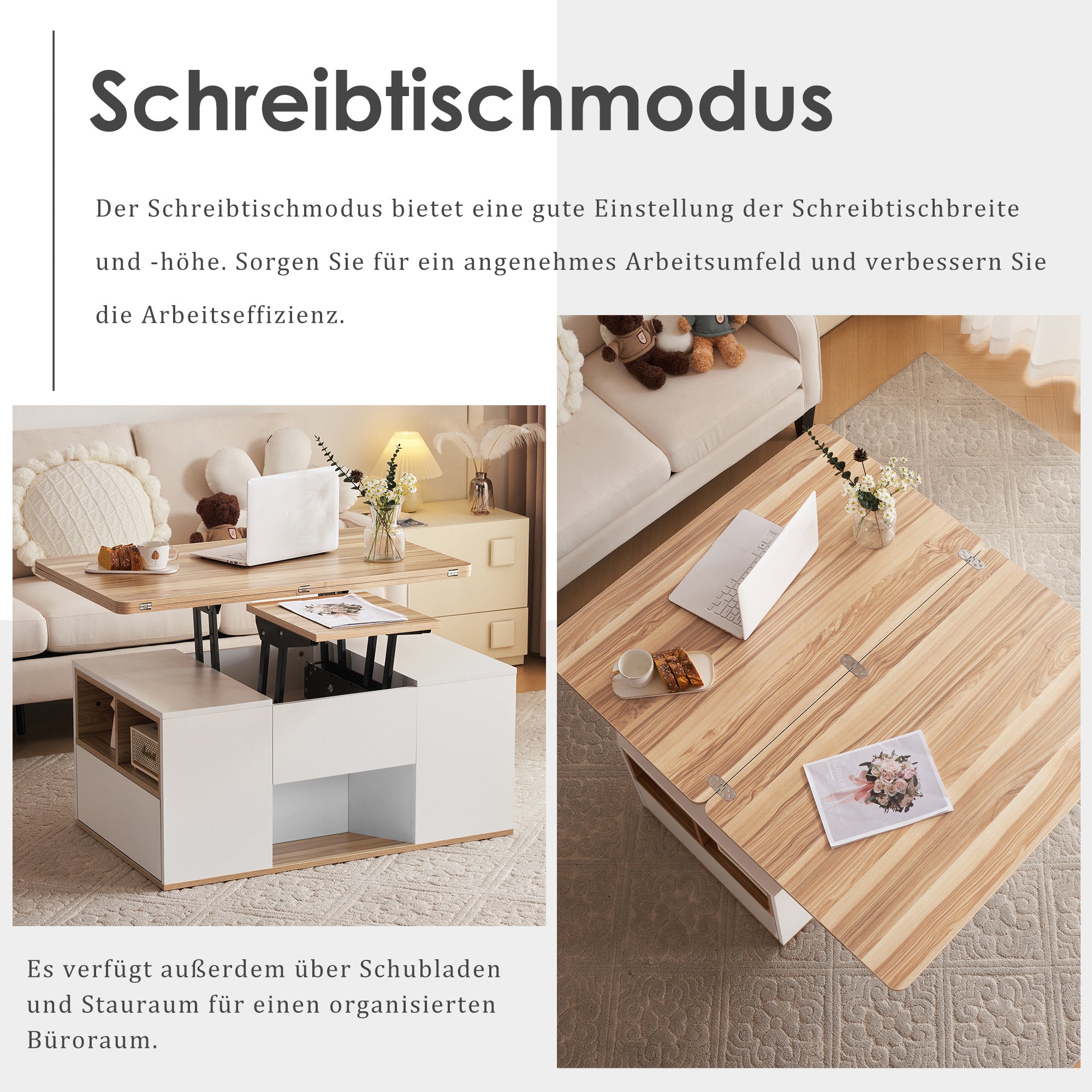 Liftable Coffee Table Opens to 2 Tables Storage - White/Wood