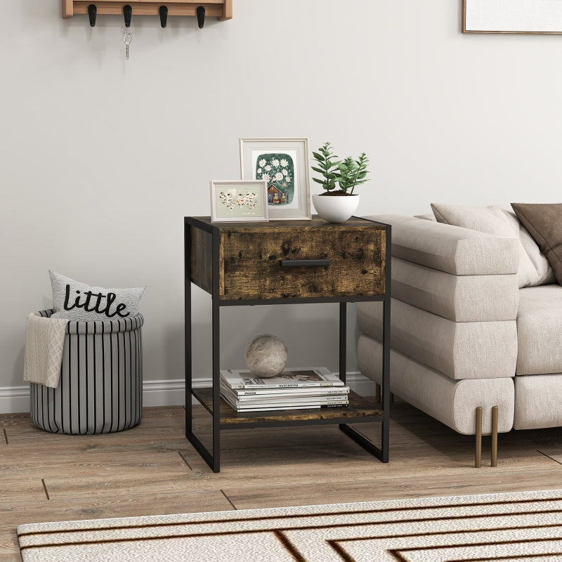 Modern Bedside Table with Drawer and Shelf Rustic Brown