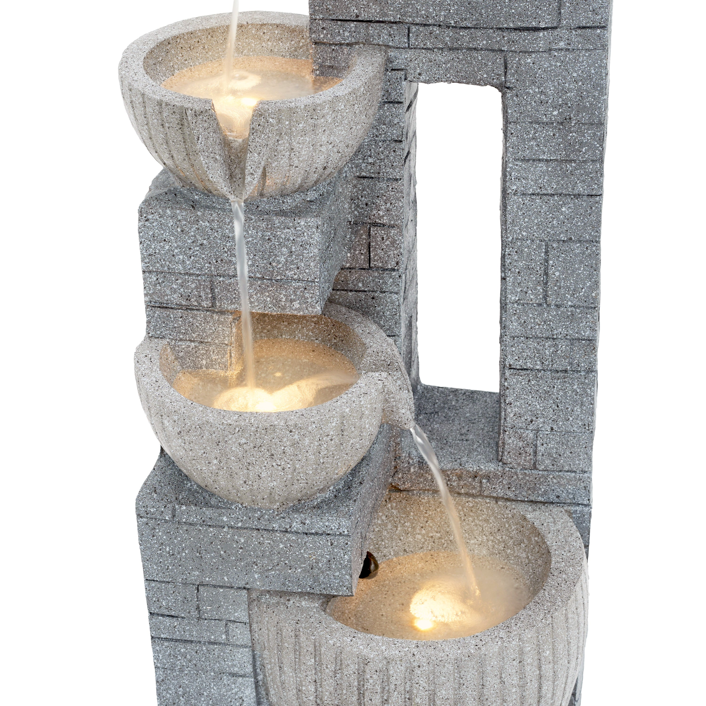 80 cm Layered Stone Basin with LED Fountain for Garden and Terrace, Stone Grey