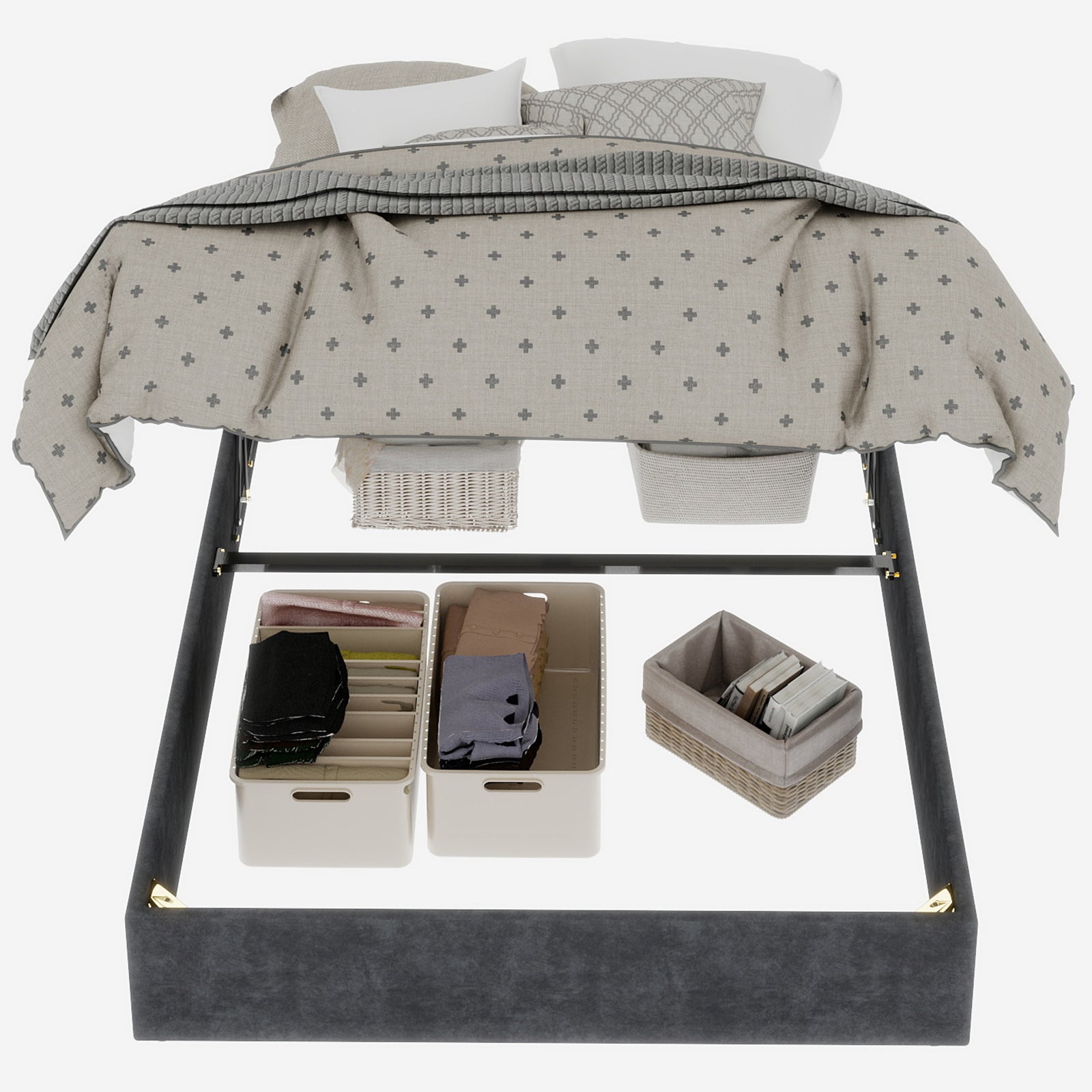 Bed Frame, 140x200cm Gas Lift Storage, Dutch Velvet Grey