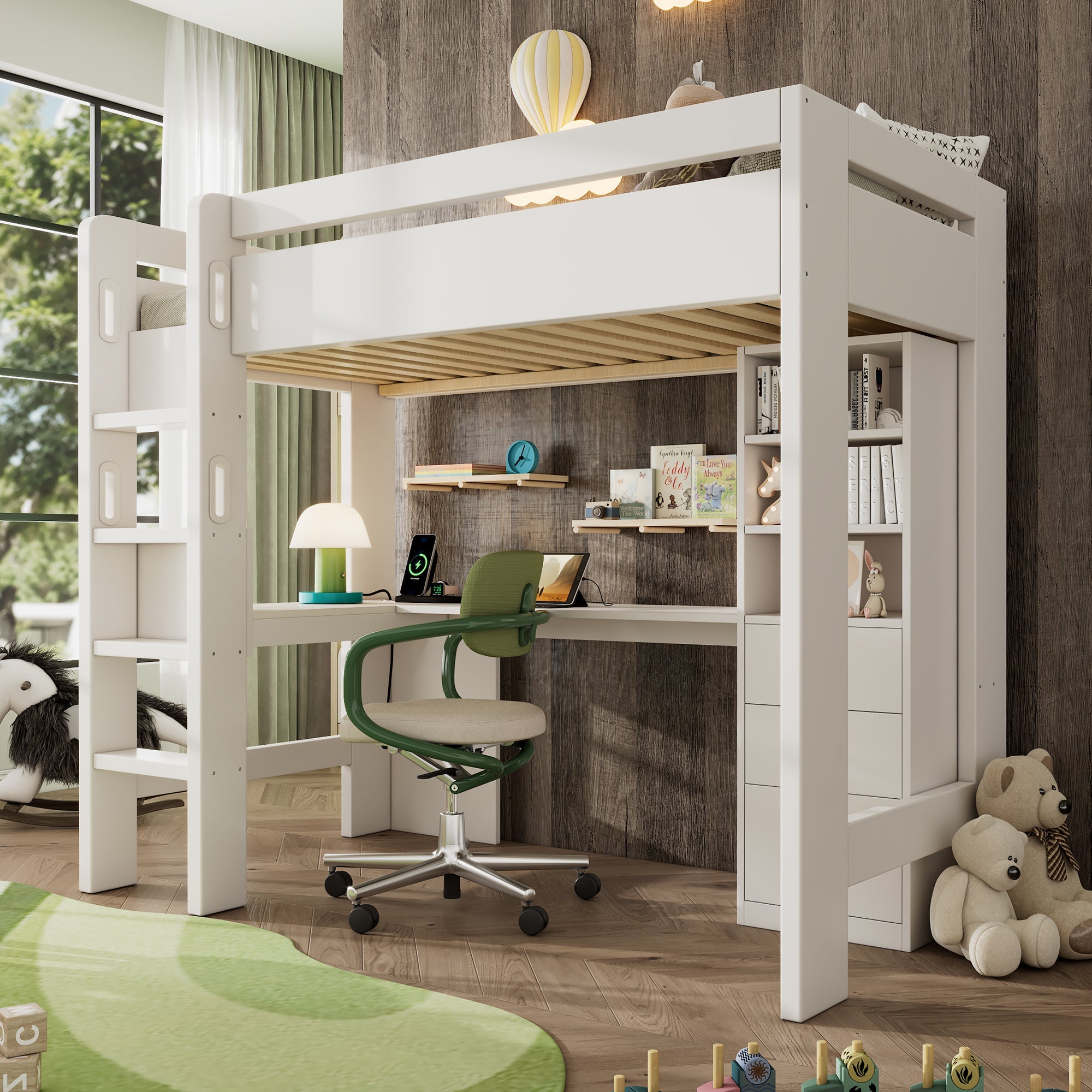 Children's Loft Bed with L-shaped Desk, Shelves, Drawers, USB/Type-C Charging Area, White
