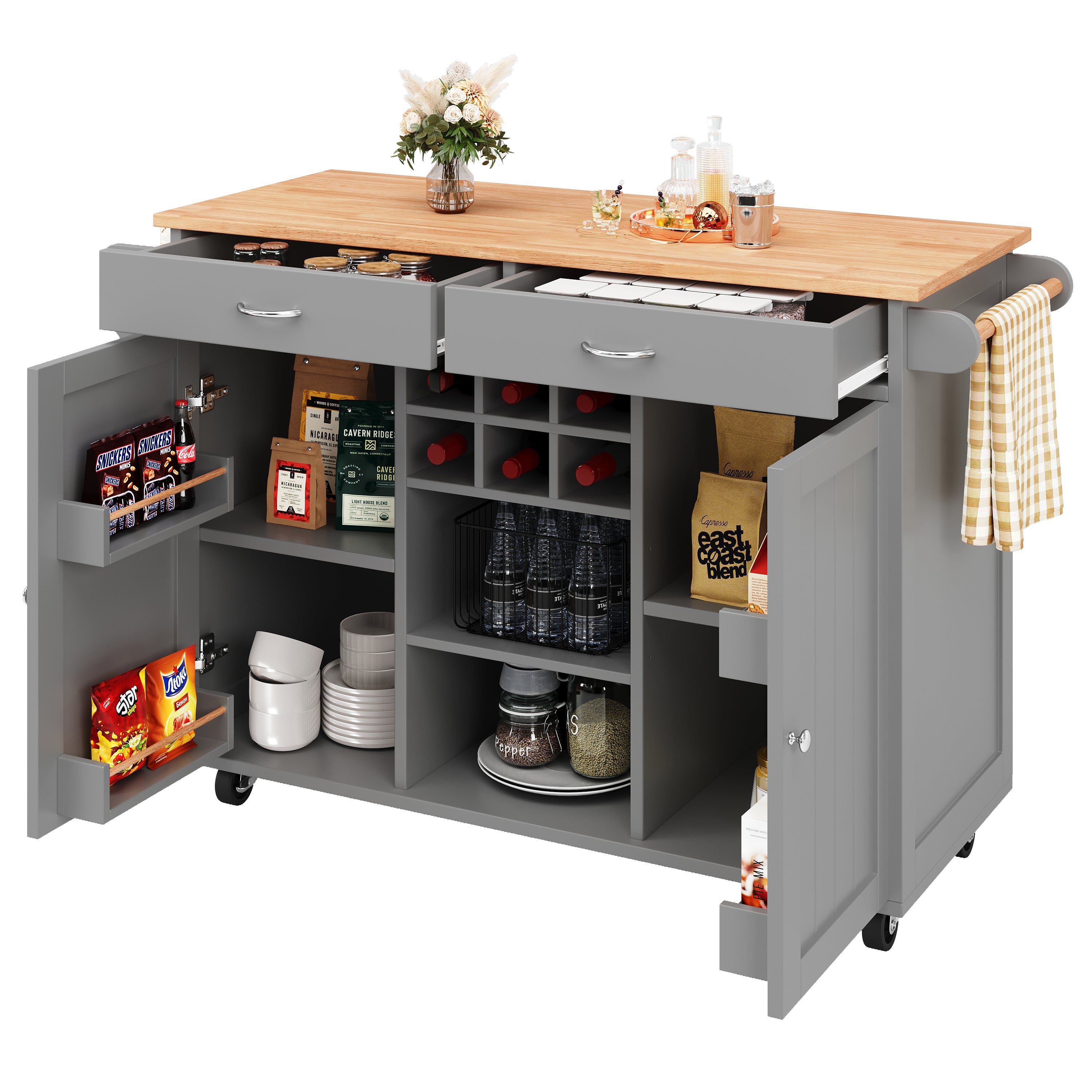 Kitchen Island Multifunctional Dining Table Storage Wood Grain - Grey