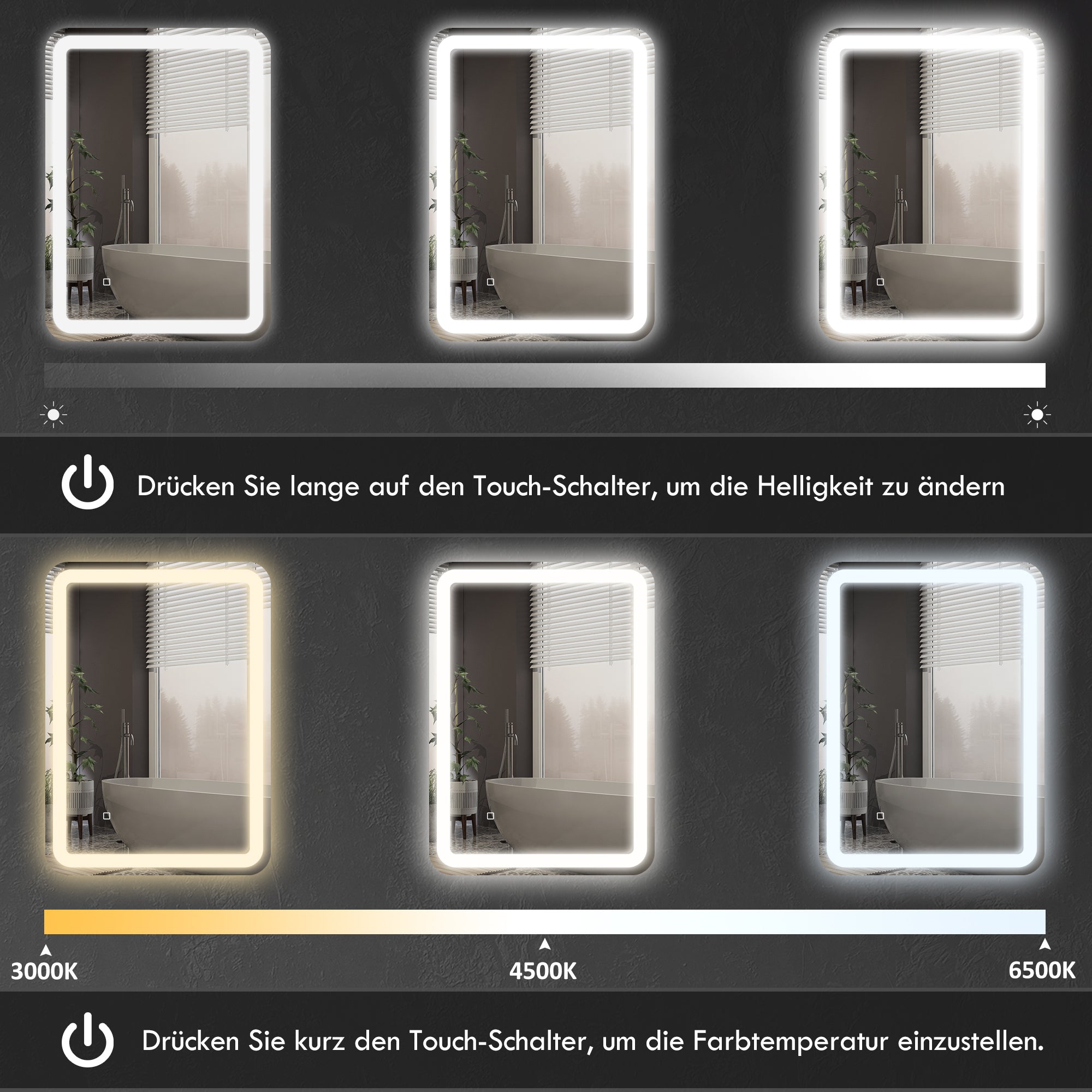 kleankin LED Bathroom Mirror 50x70cm, 3 Light Colors, Touch Switch, Anti-Fog, Tempered Glass Silver