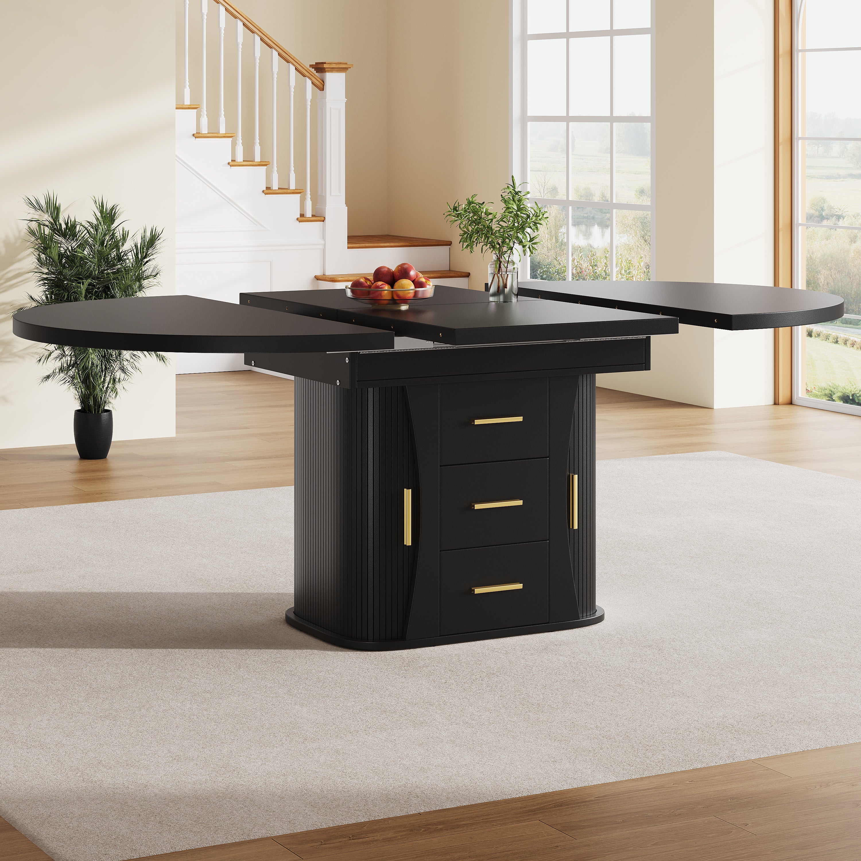 Extendable Round Dining Table, Seats 6 People with Three-tier Storage, Black
