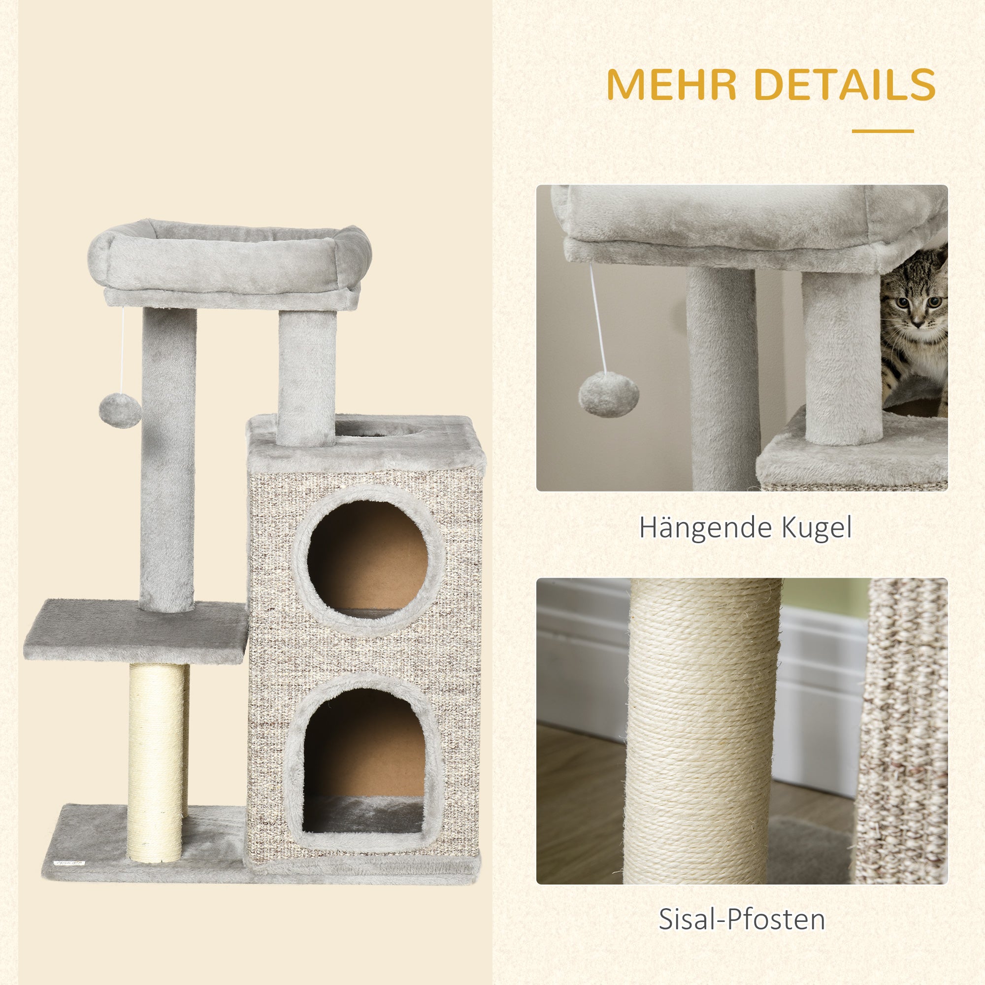 Cat Scratching Post, 2 Cat Caves, Sisal Column, Play Platform, Light Grey