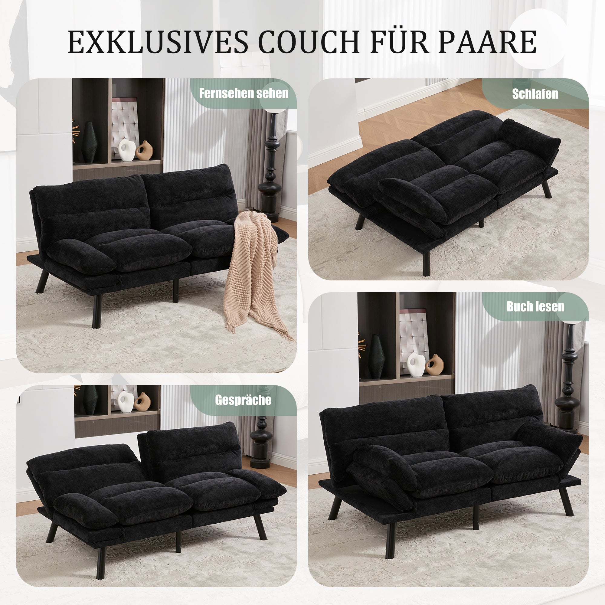 Two-Seater Sofa, Ergonomic Adjustable Breathable, Chenille/Metal