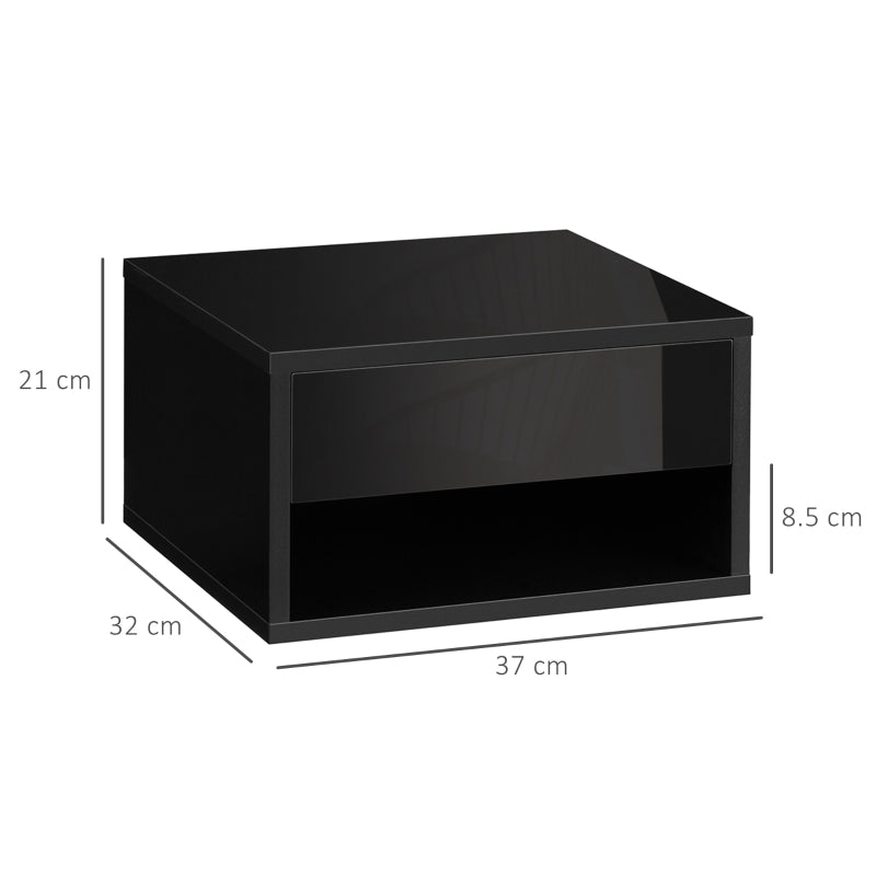 2 Pieces Bedside Table Wall Mounted Nightstand with Drawer and Shelf, High Gloss Black