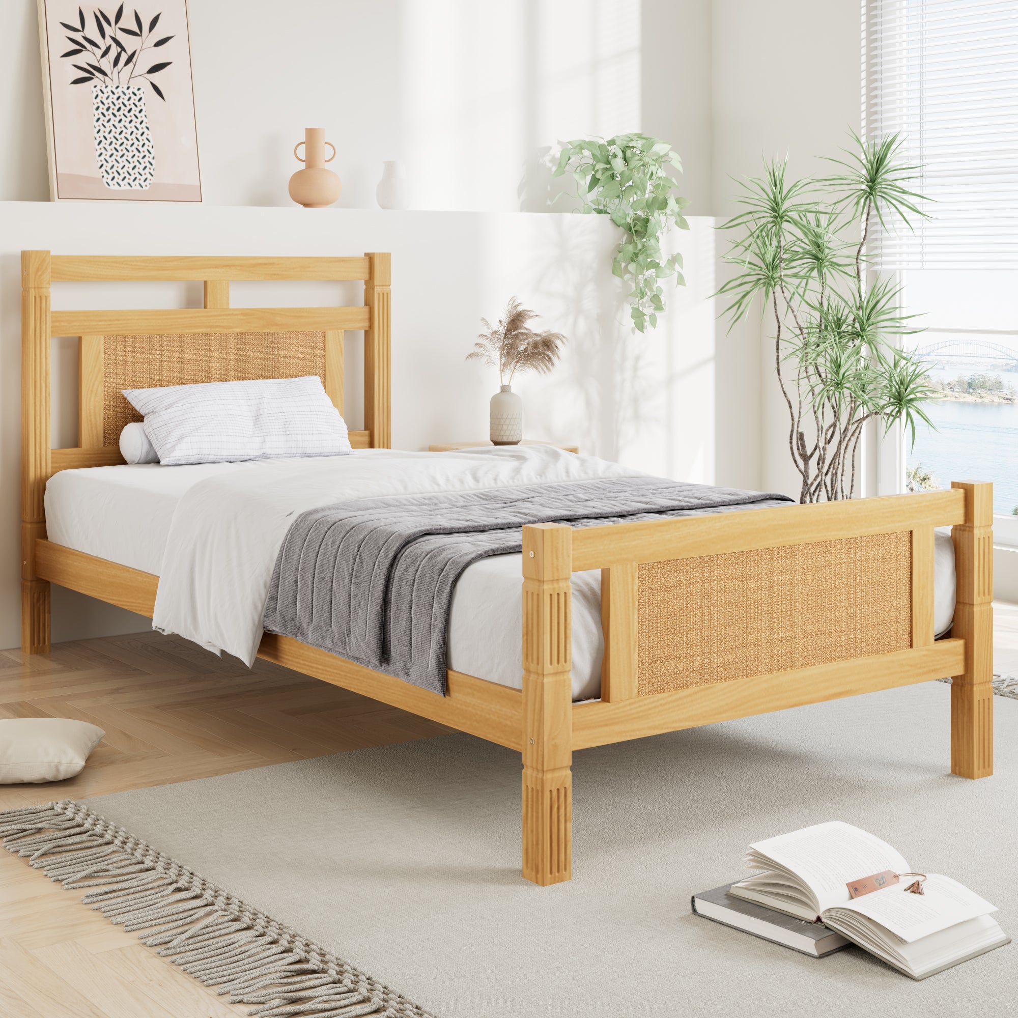 Wooden Bed, Single 90x190cm, Rattan Paper MDF/Pine, Wood Colour