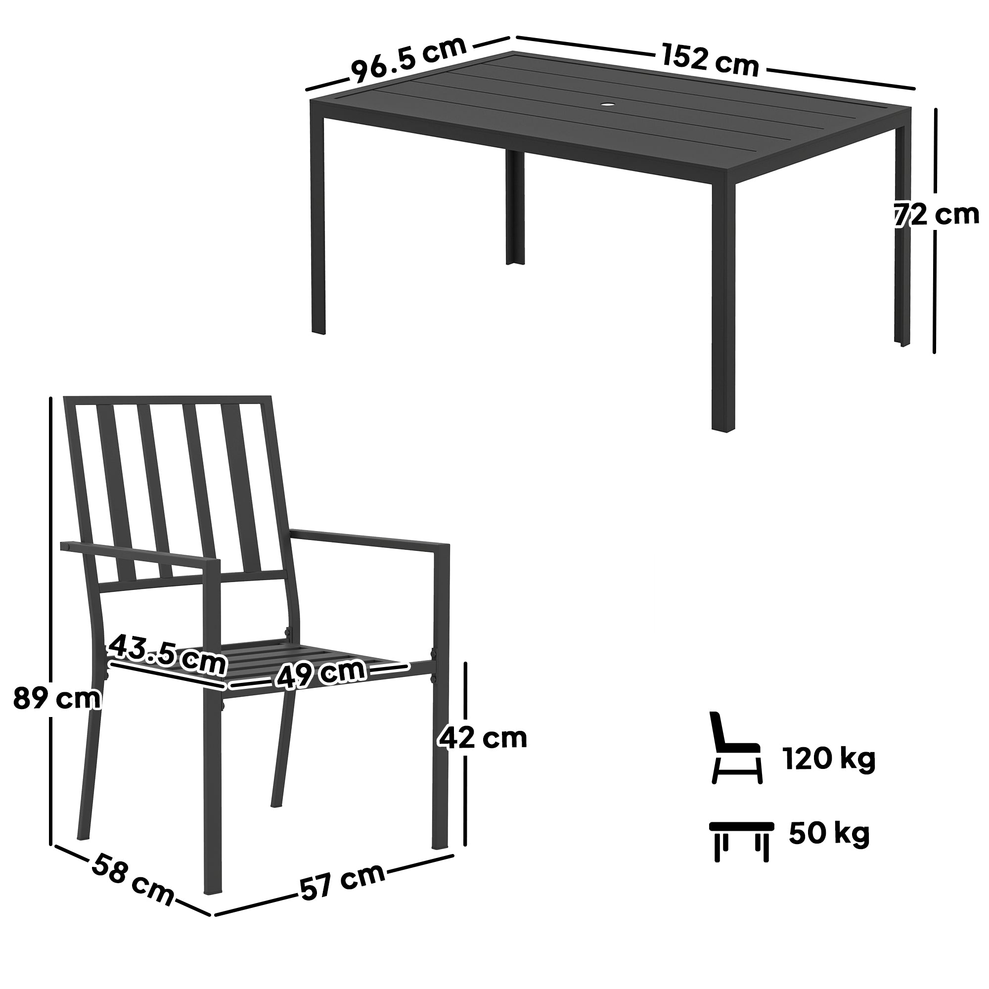 Seven-Piece Garden Dining Set with Parasol Hole - Minimal Metal, Black