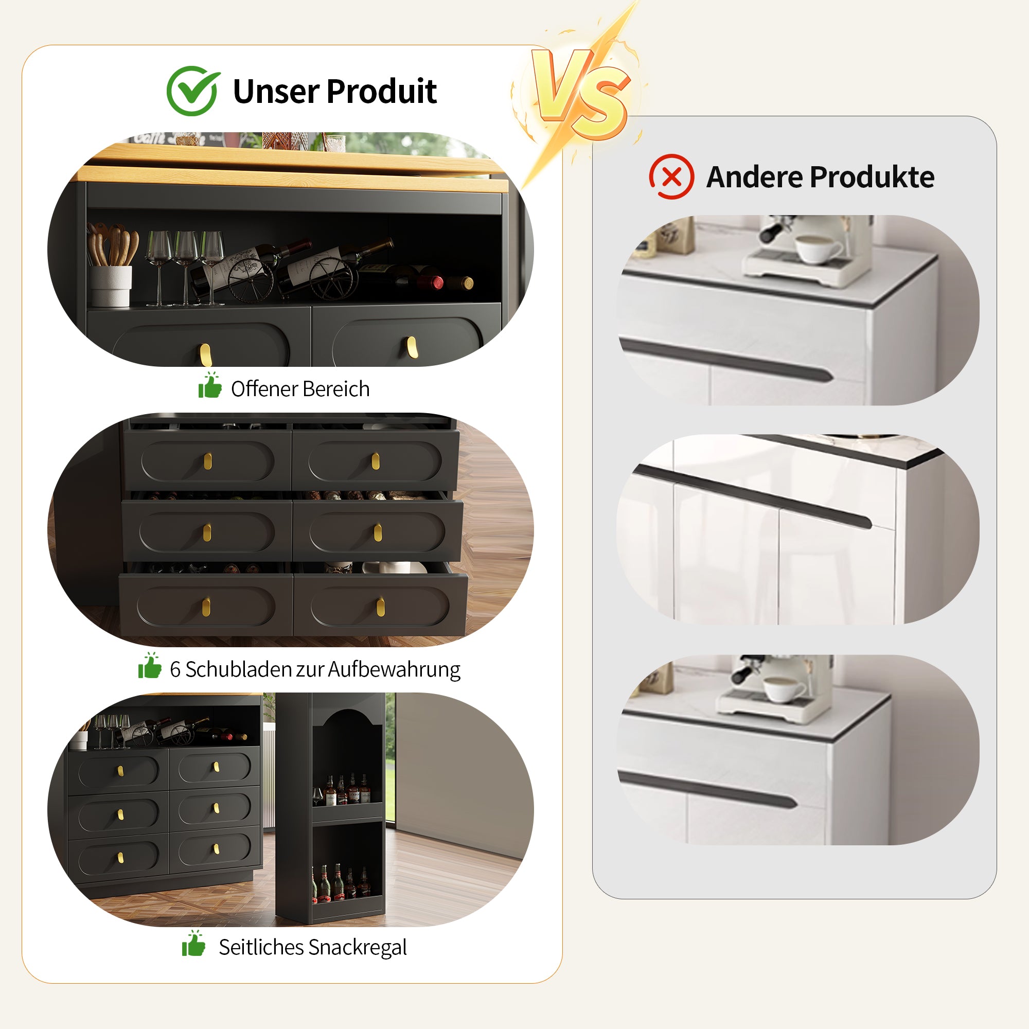 Bar Table Extendable 360° Swivel Mobile Storage Drawers - Black