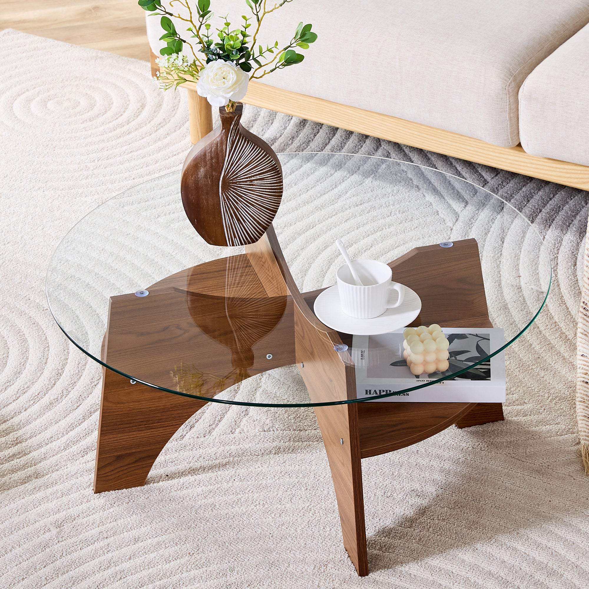 Round Side Table Ø 80 cm Safety Glass Top Multifunctional Walnut-Finish MDF