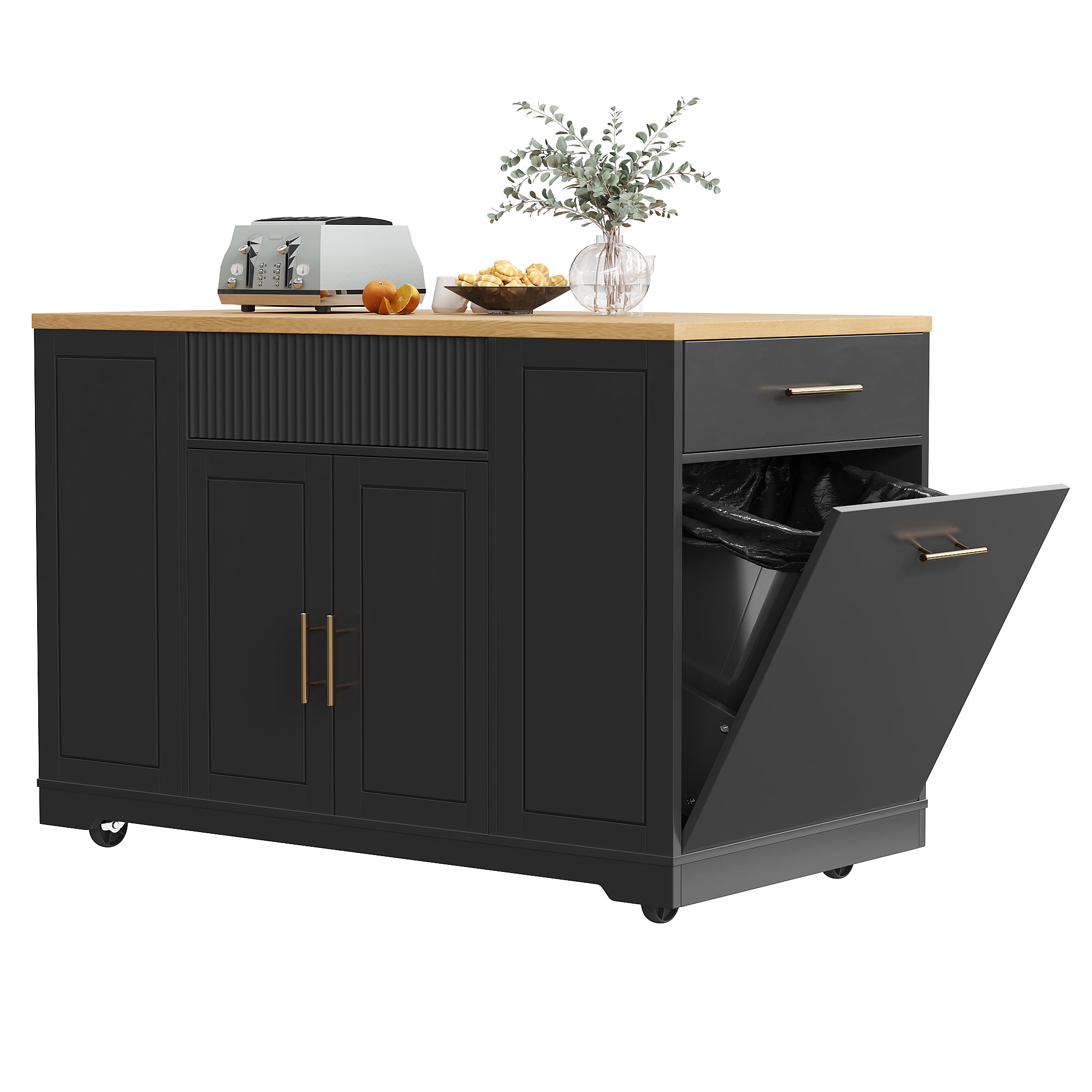 Kitchen Island with Waste Bin Compartment, 2 Doors & 3 Drawers, Black Wood Grain