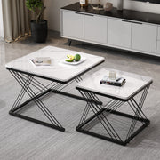 Coffee Table Set 2-Piece Square High-Gloss Marble Look