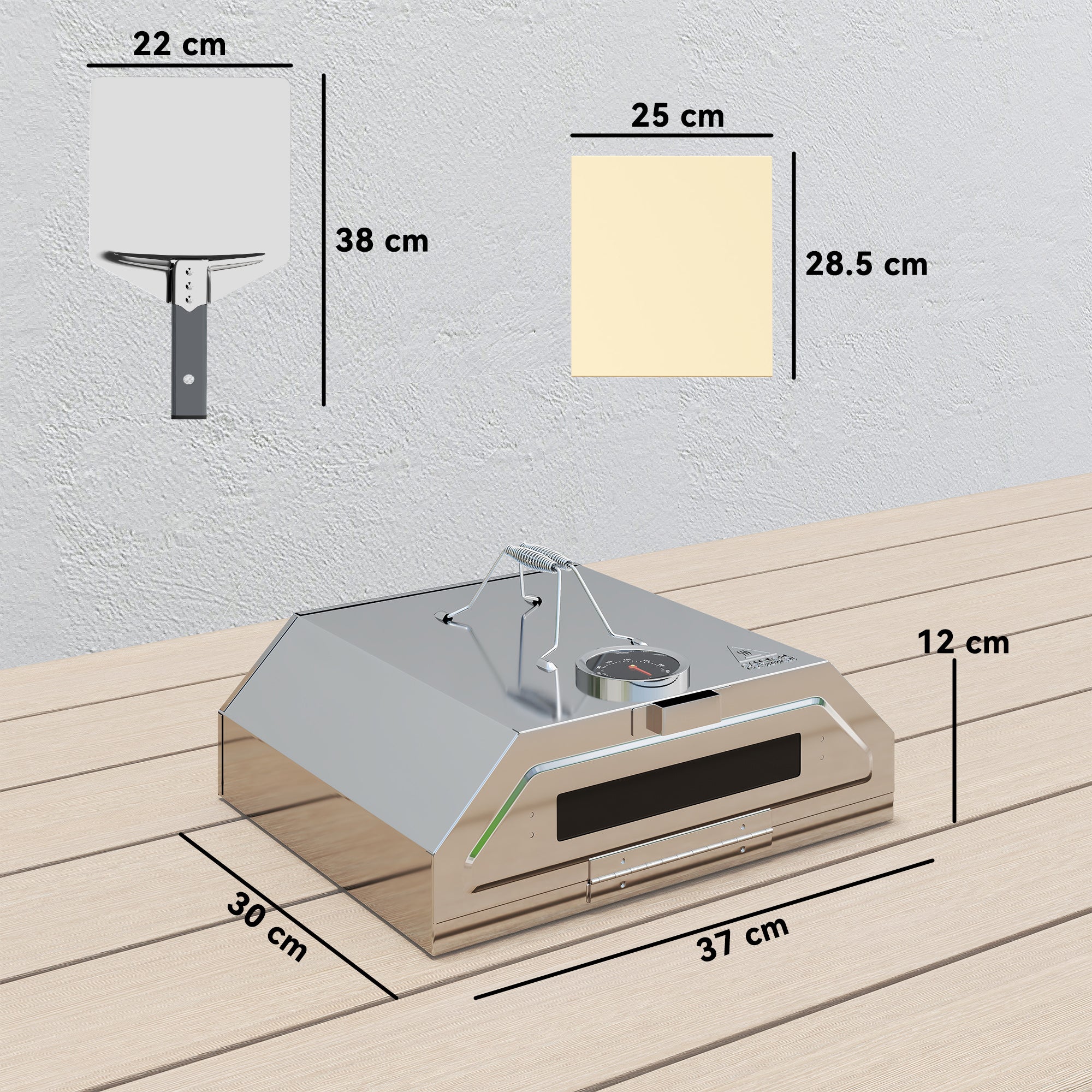 Portable Pizza Oven, 8 in BBQ Grill Top with Thermometer and Stone/Peel, Stainless Steel/Silver Tone