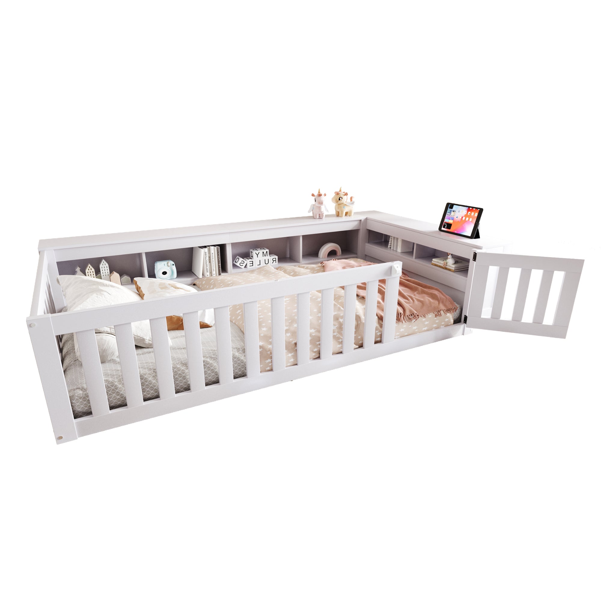 Multifunctional Children's Bed 90 x 200 cm, Storage, Safety Gate, Solid Wood, White