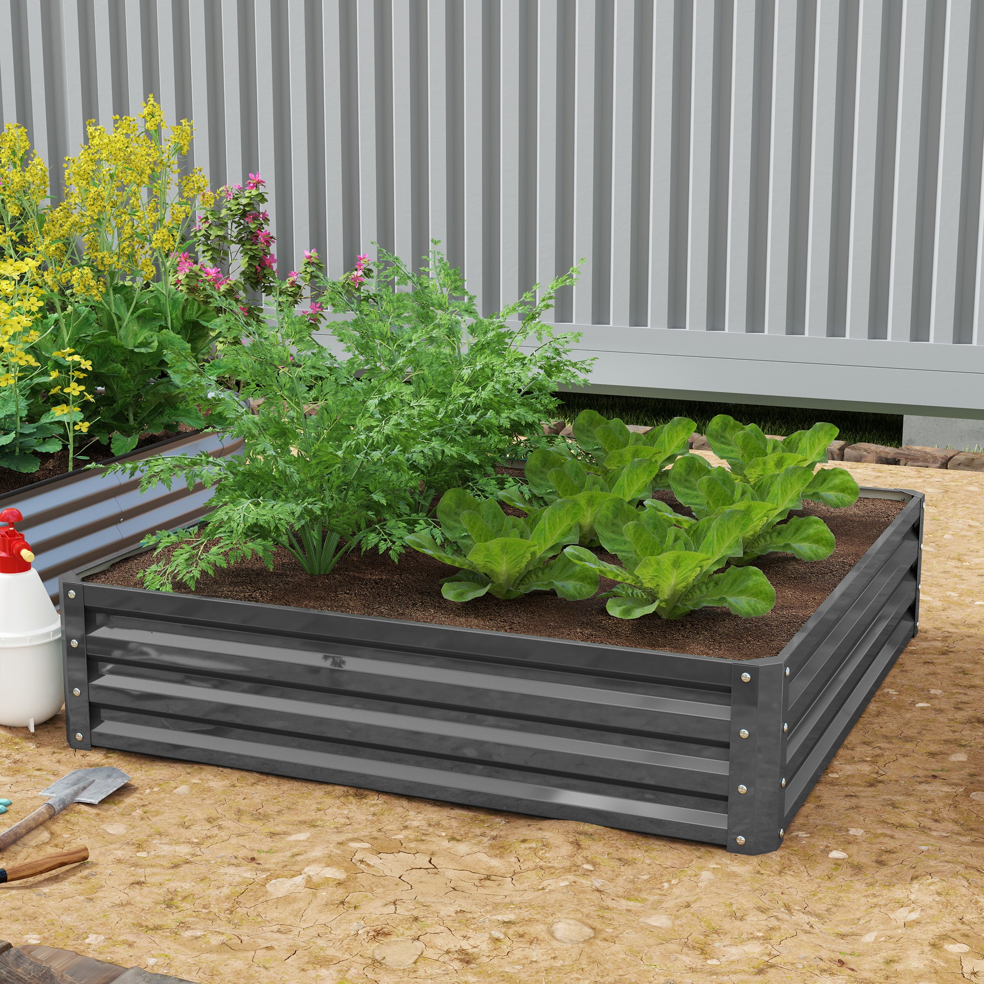 432L Raised Garden Bed, Square Steel Frame for Vegetables, Flowers, Herbs, Light Grey