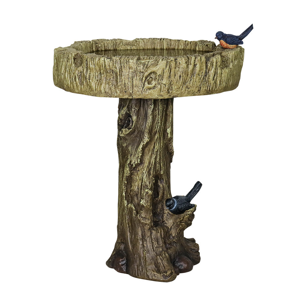 Birdbath concrete wood look with decorative artificial bird
