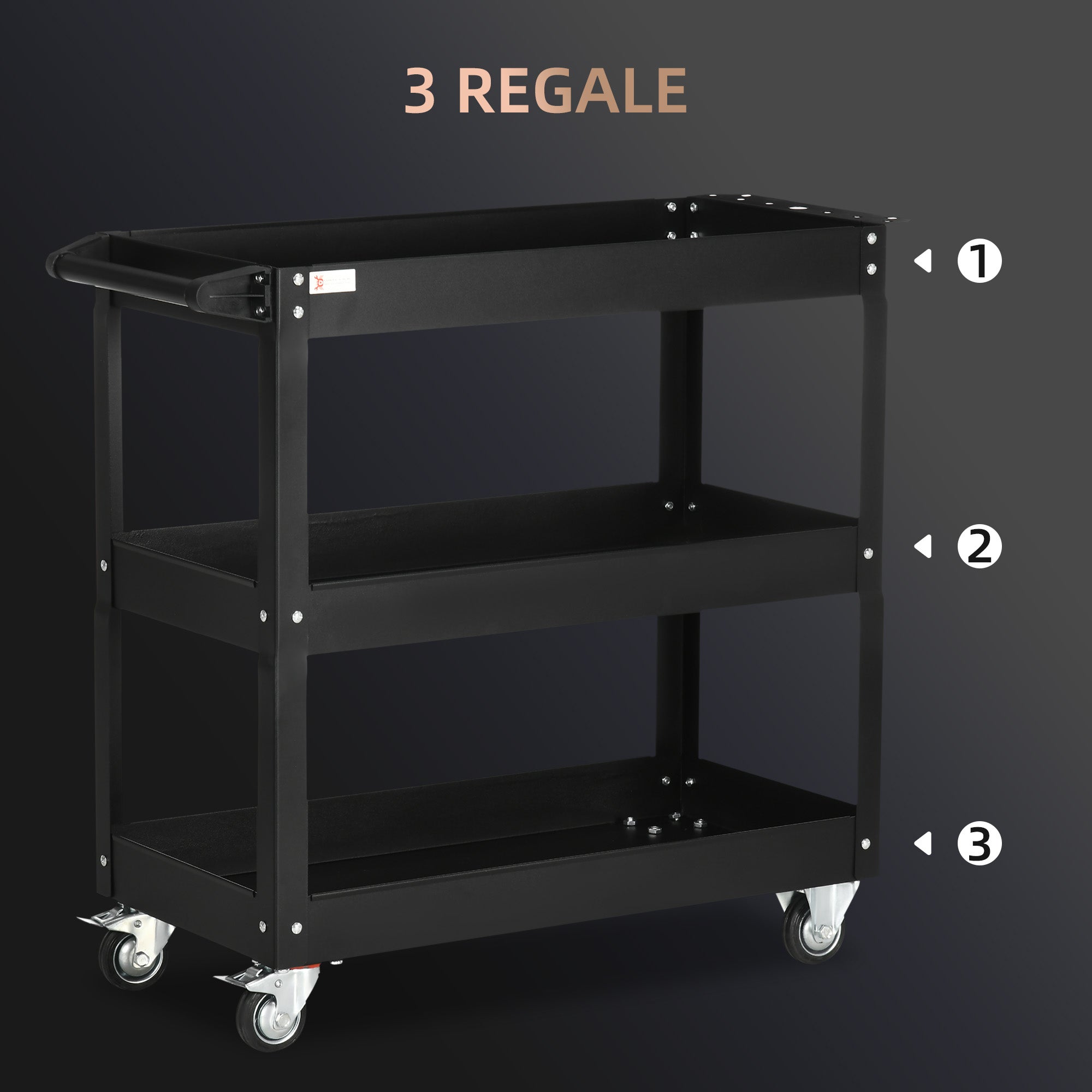 DURHAND Workshop Trolley, 3 Shelves, 150 kg, Black Steel