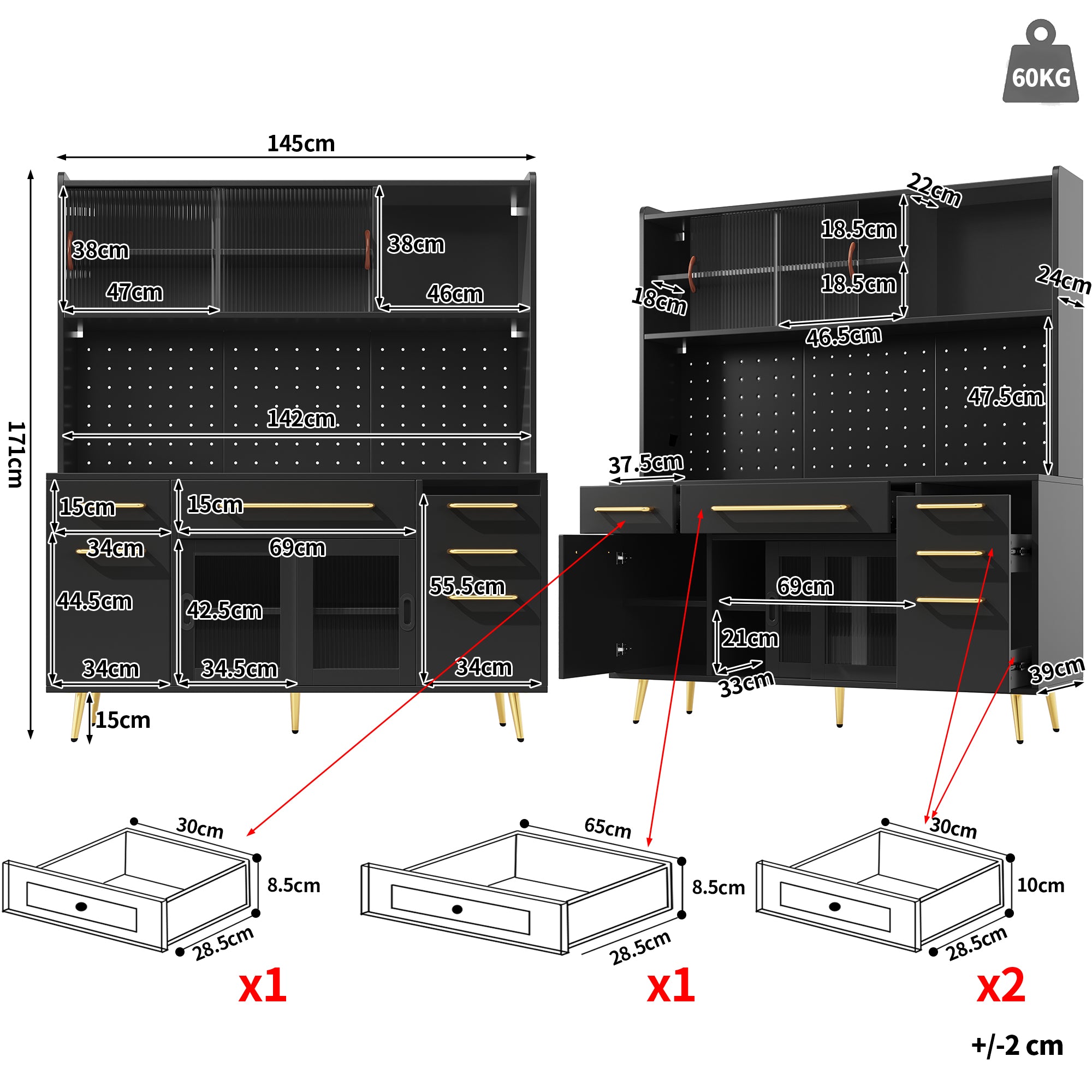 Modern Sideboard Tall Storage Cabinet with LED Lighting and Pegboard, Black