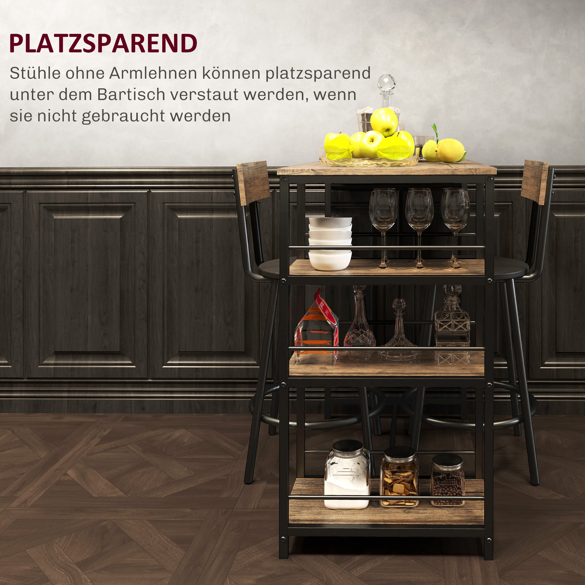 Bar Table with Bar Stool Set, 3-Piece, 3 Shelves, 2 Stools, Modern Style, Steel/Oak