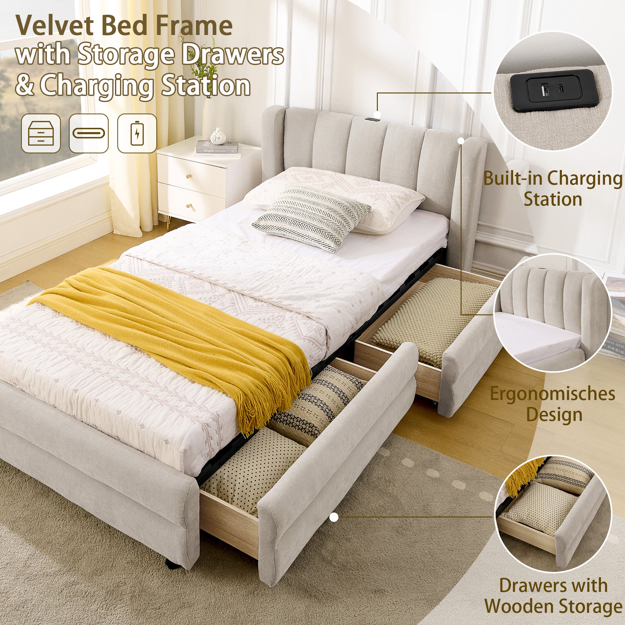 Single Bed 90x200 cm with Side Storage and USB Charging Port, Beige Chenille Fabric