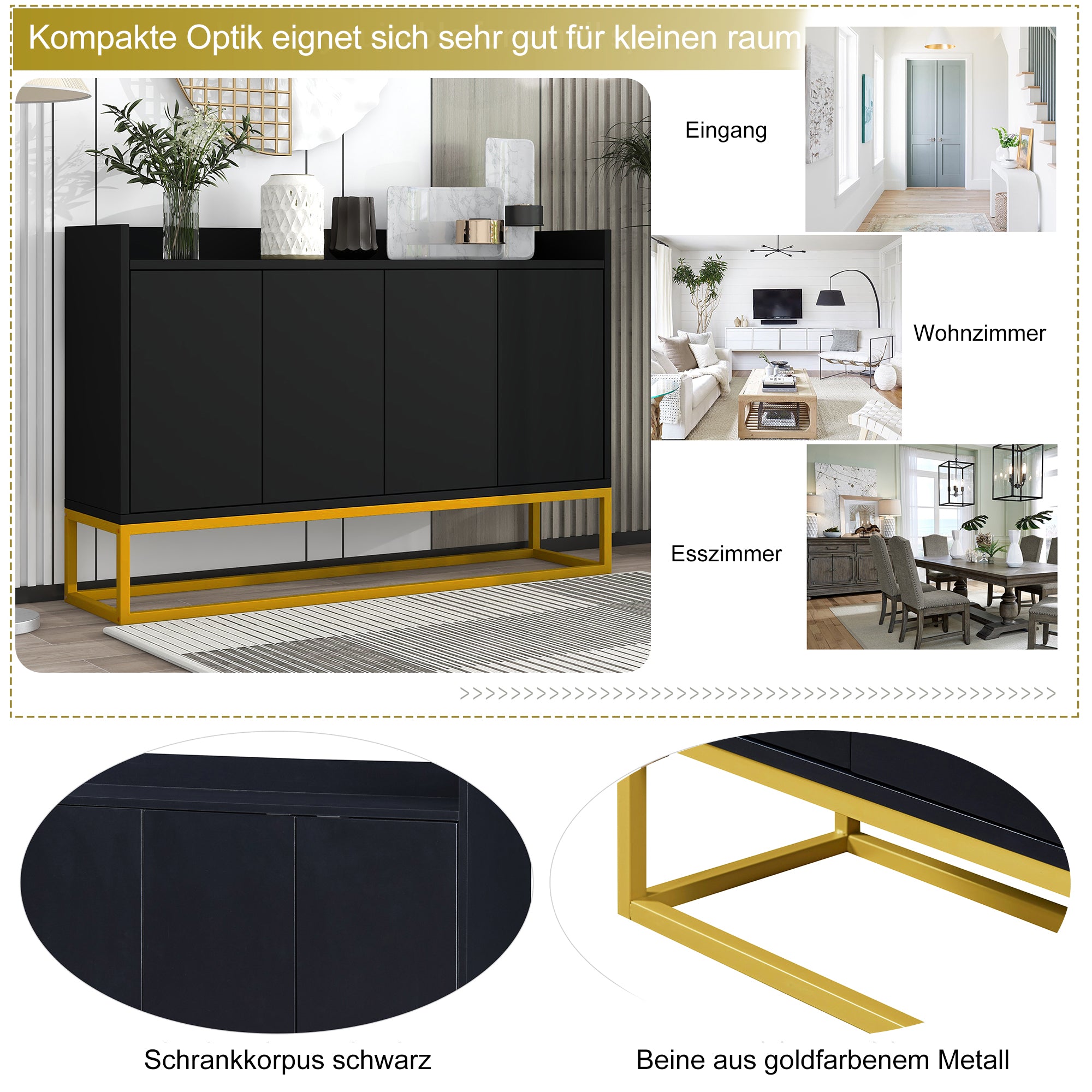 Sideboard, Minimalist 4-Door Handleless Buffet, Black