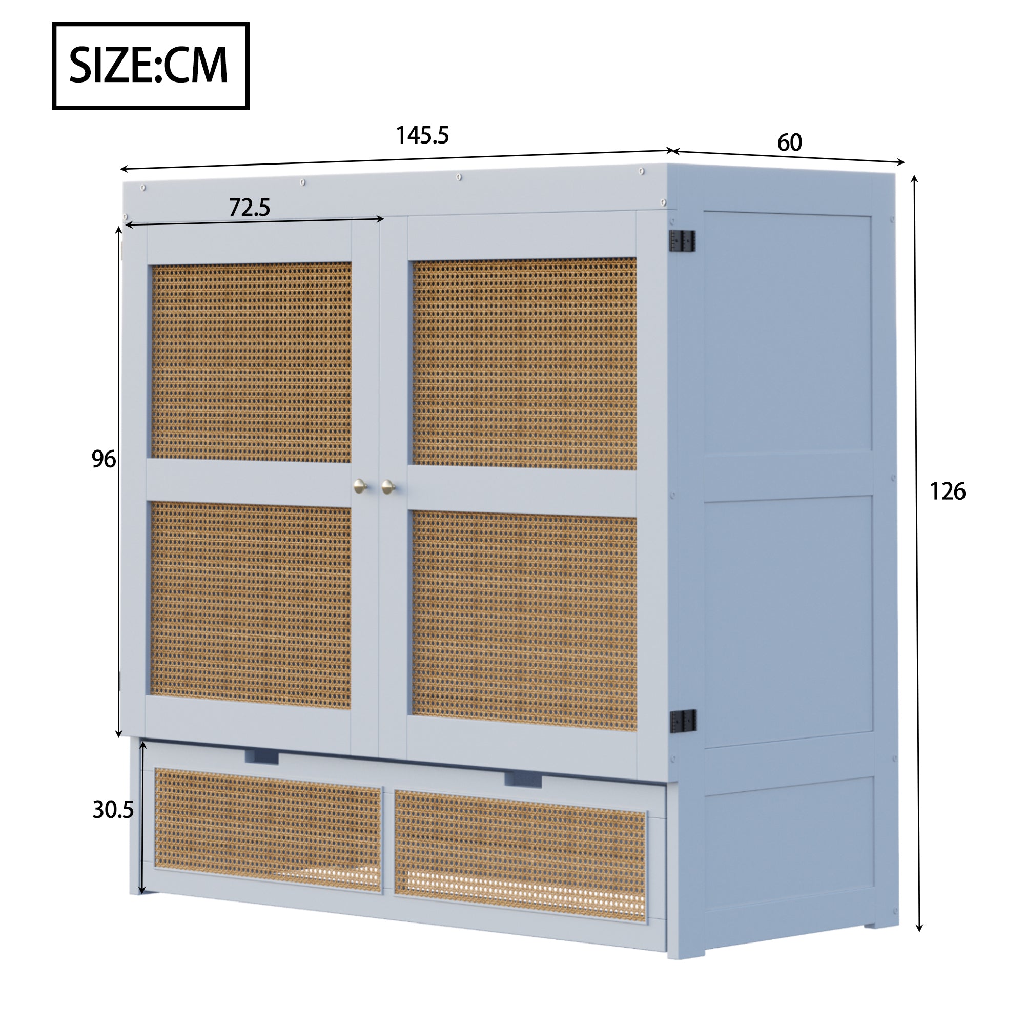 Wall Bed 140x200cm, Slatted Frame, Storage Drawers, Rattan Design, Grey
