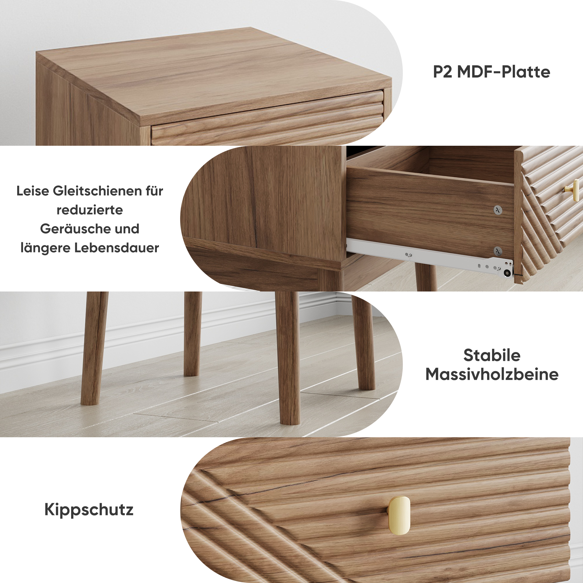 Nightstand Set of 2, Mid-Century Modern Metal Handles 40x40x55cm, Oak-Colored