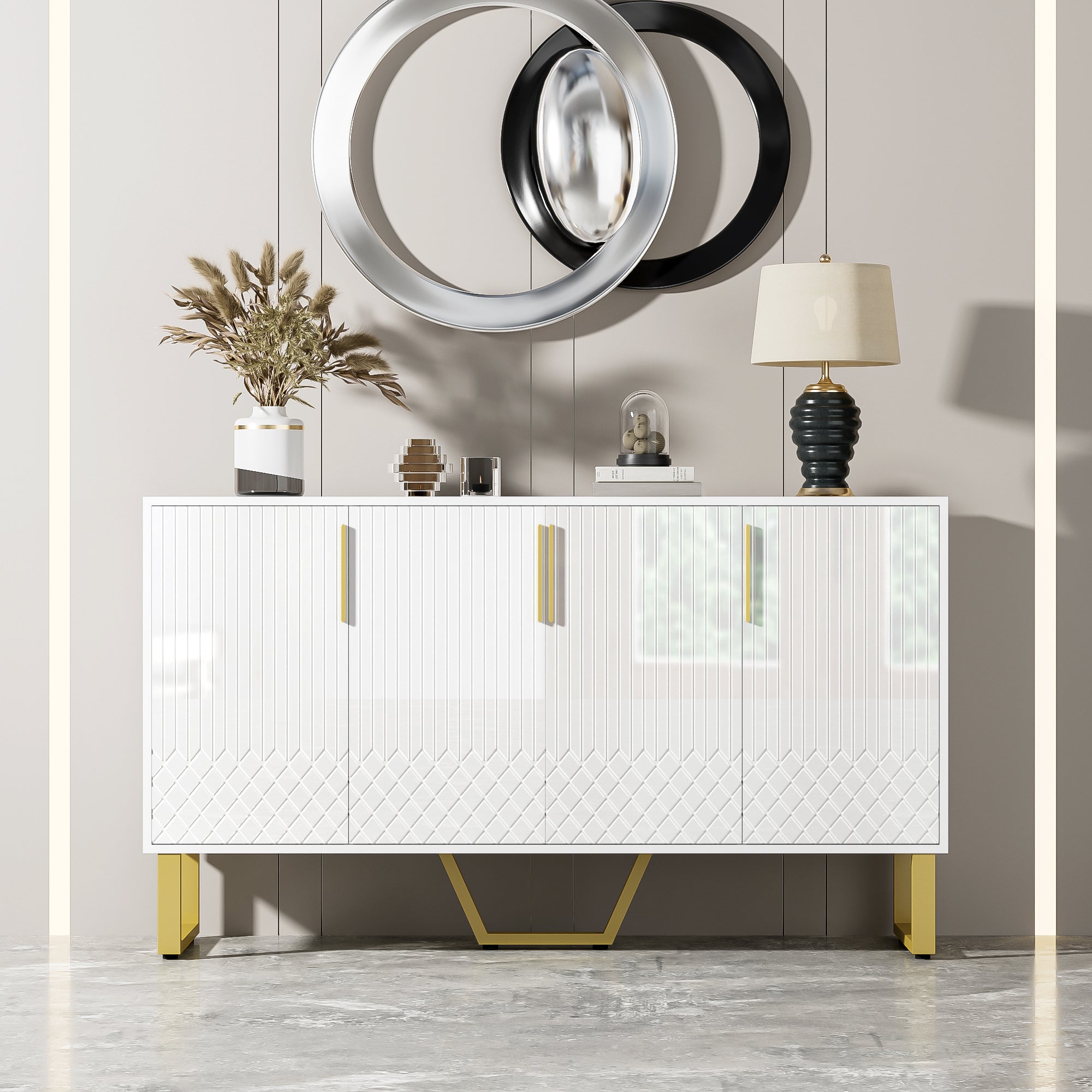 High-gloss Sideboard, 4 Doors, Metal Handles & Legs, White