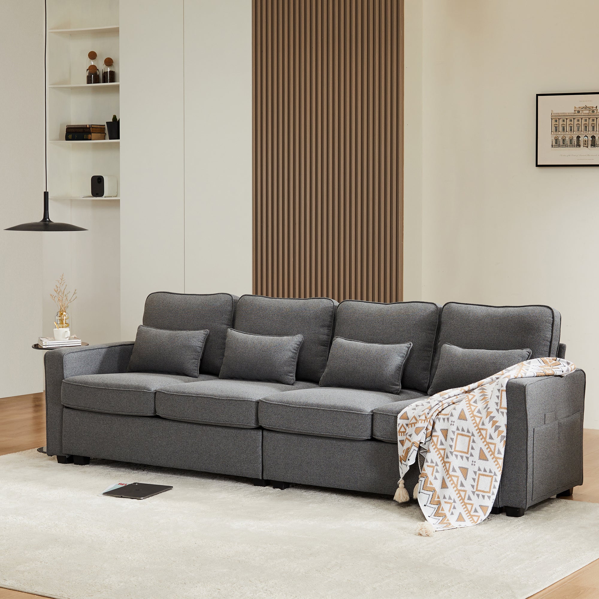 Modern 4-Seater Sofa, Simple Style with Armrest Pockets and 4 Cushions, Linen Fabric