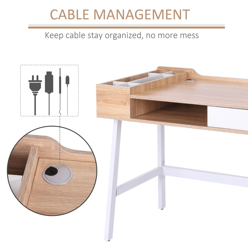 Computer Desk with Drawer Storage and Cable Management, Oak and White