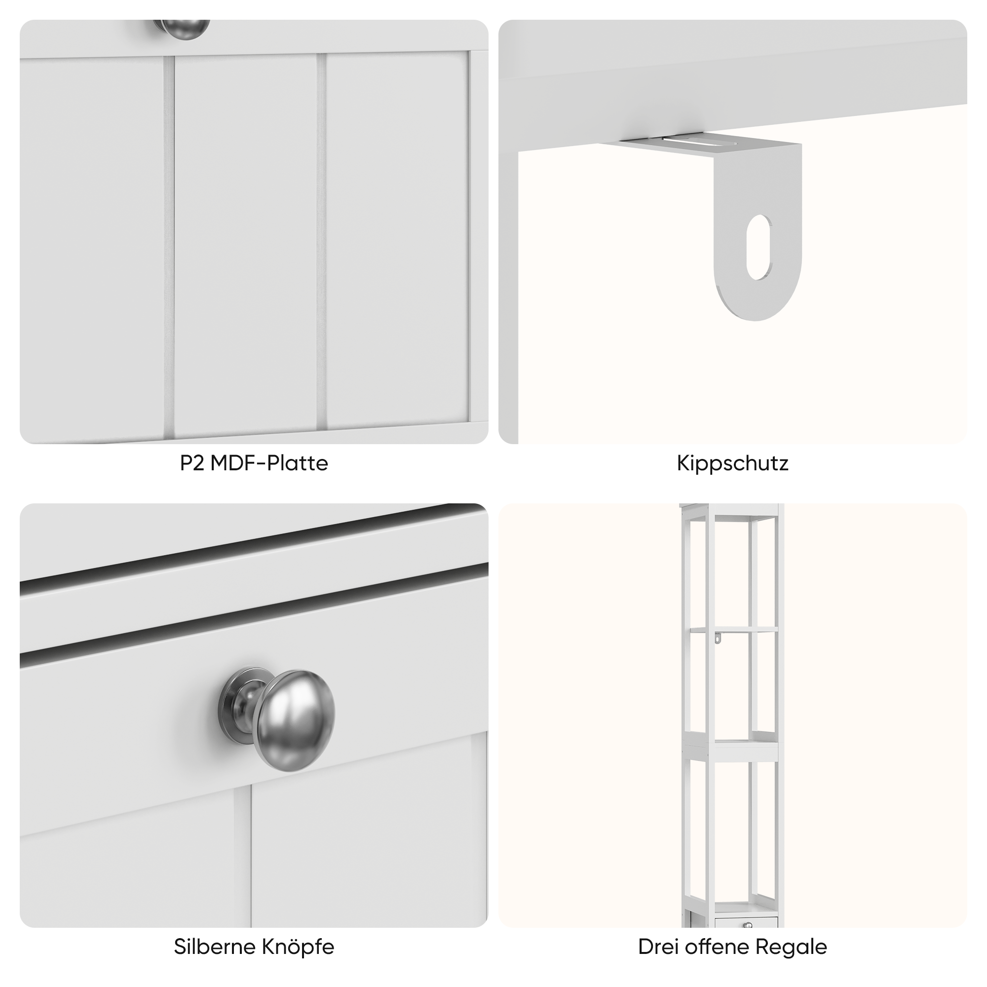 Narrow Tall Cabinet, Freestanding with 2 Drawers and 3 Shelves, White
