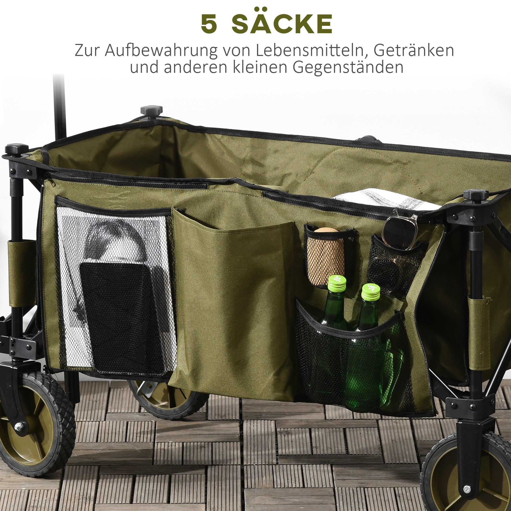 beach cart, foldable transport with 4 wheels, removable cover, height-adjustable handle, tilting tray, 5 storage bags, green