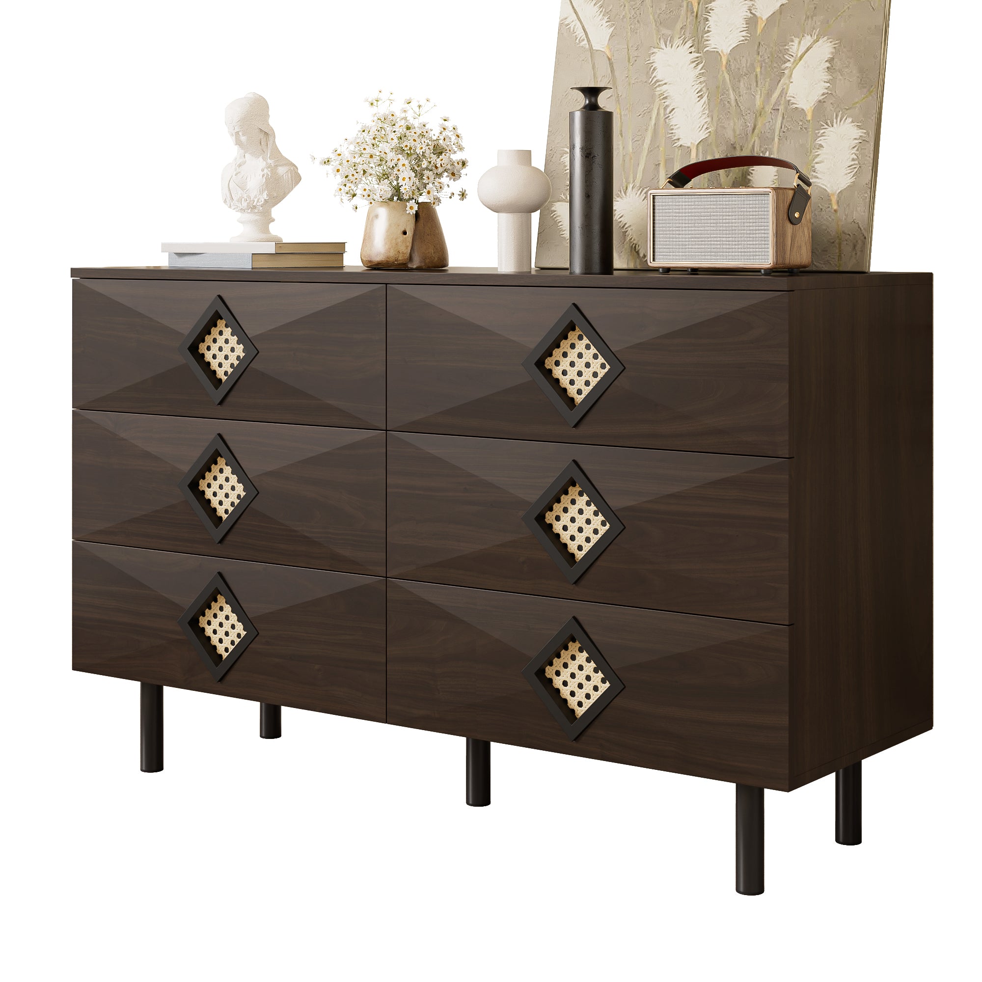 Dressing Table, 6-Drawer with Rattan Handle, Elegant for Bedroom & Living Room