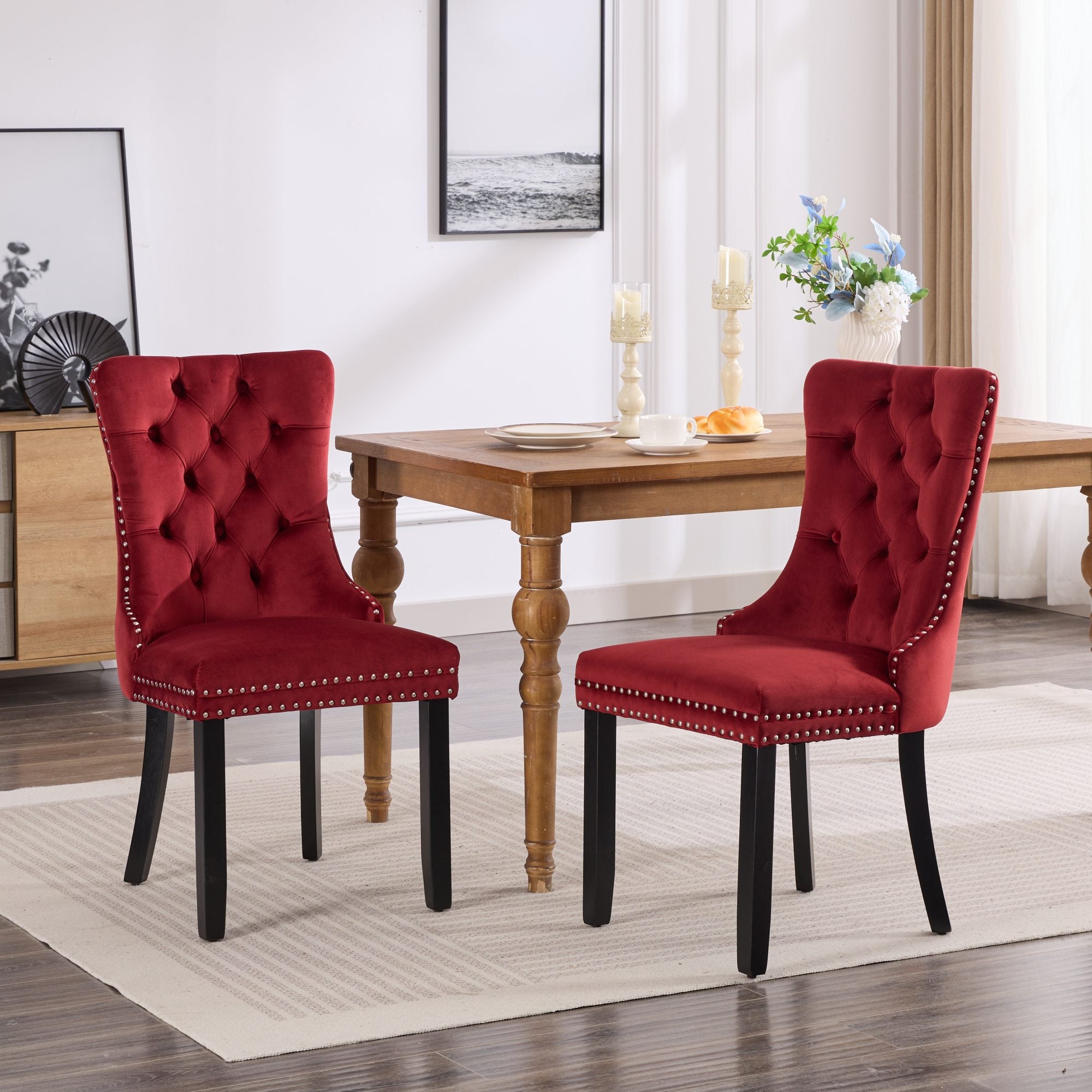 Classic Velvet Dining Chairs, Tufted Solid Wood Set of 2, Wine Red Velvet